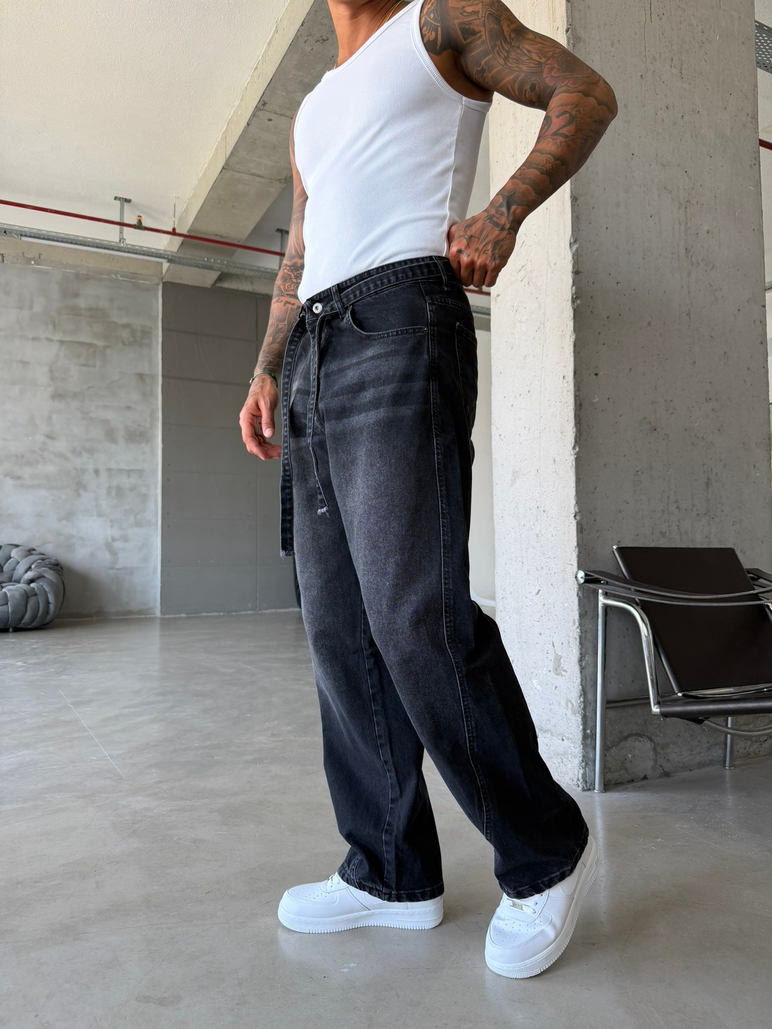 Bel Kemer Detaylı Premium Baggy Pantolon - Siyah