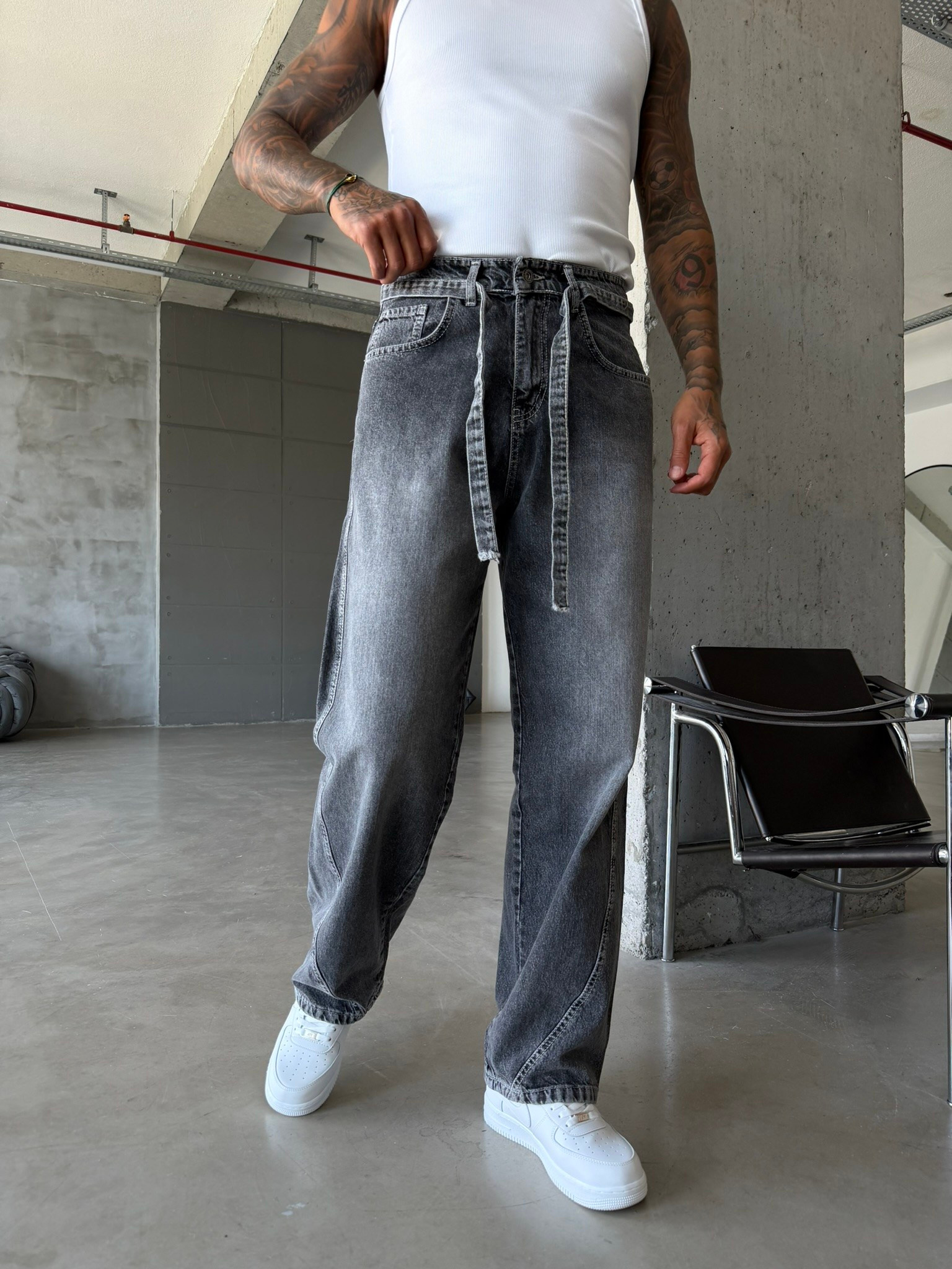 Bel Kemer Detaylı Premium Baggy Pantolon - Gri