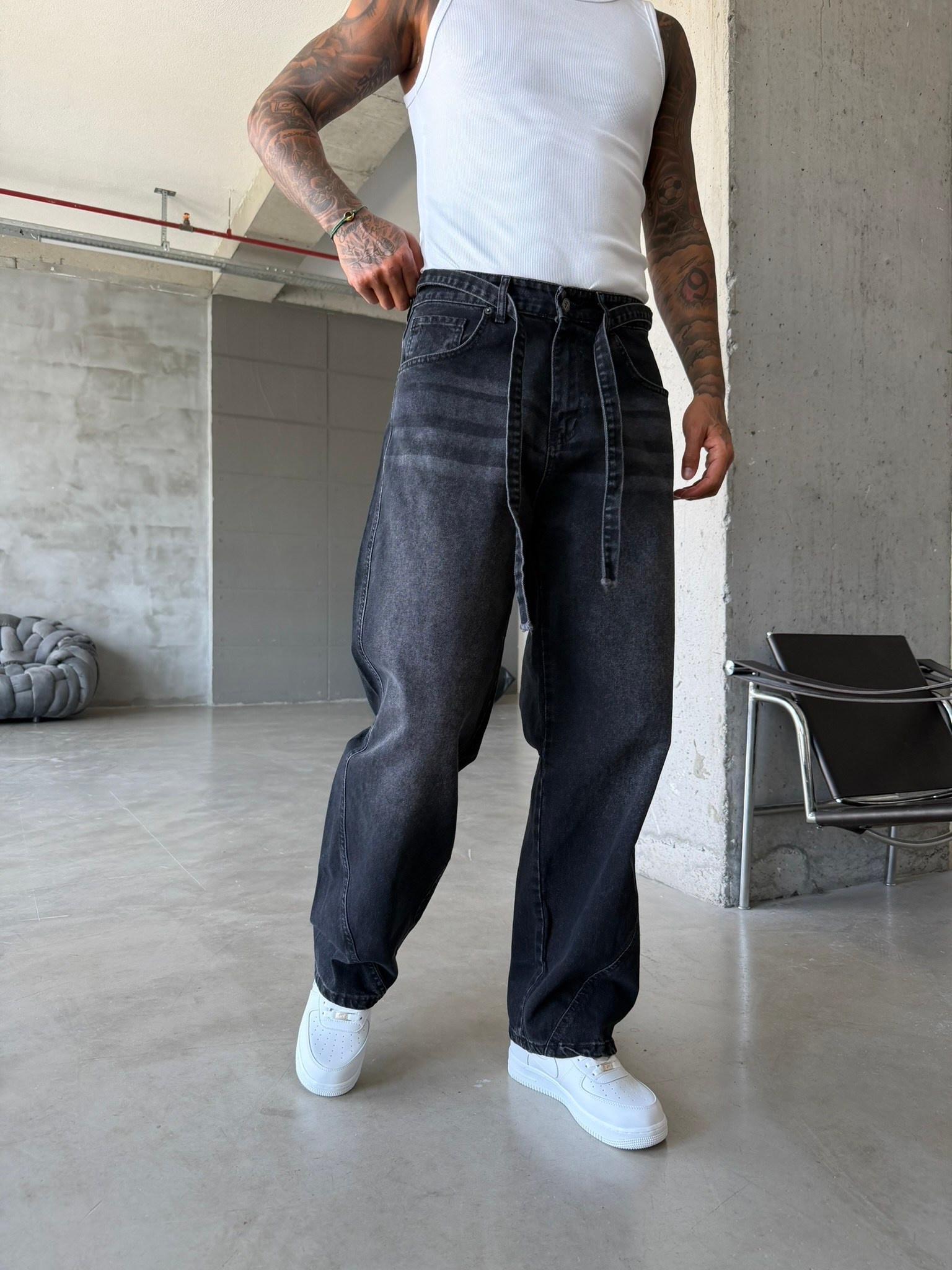 Bel Kemer Detaylı Premium Baggy Pantolon - Siyah
