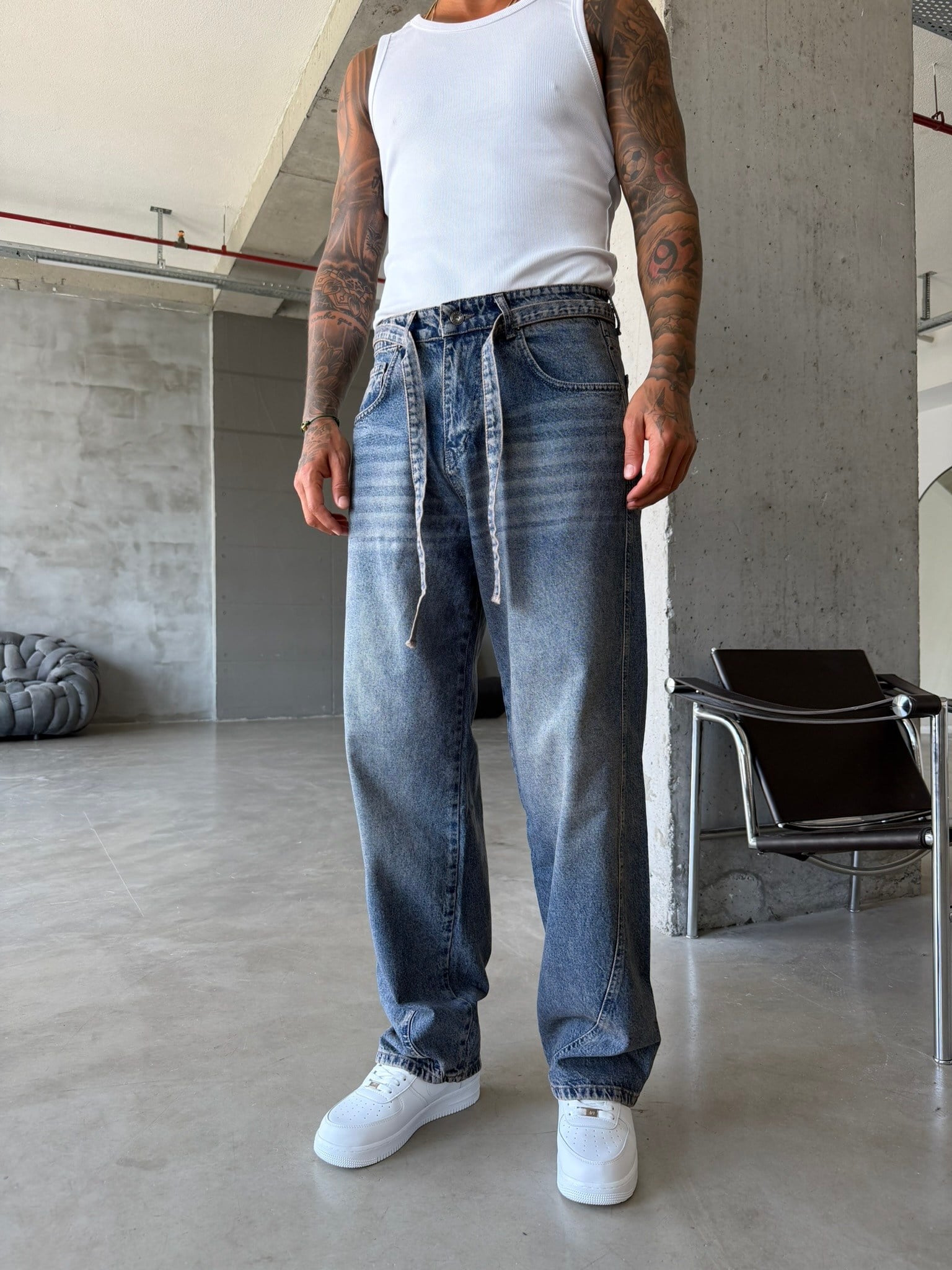 Bel Kemer Detaylı Premium Baggy Pantolon - Mavi