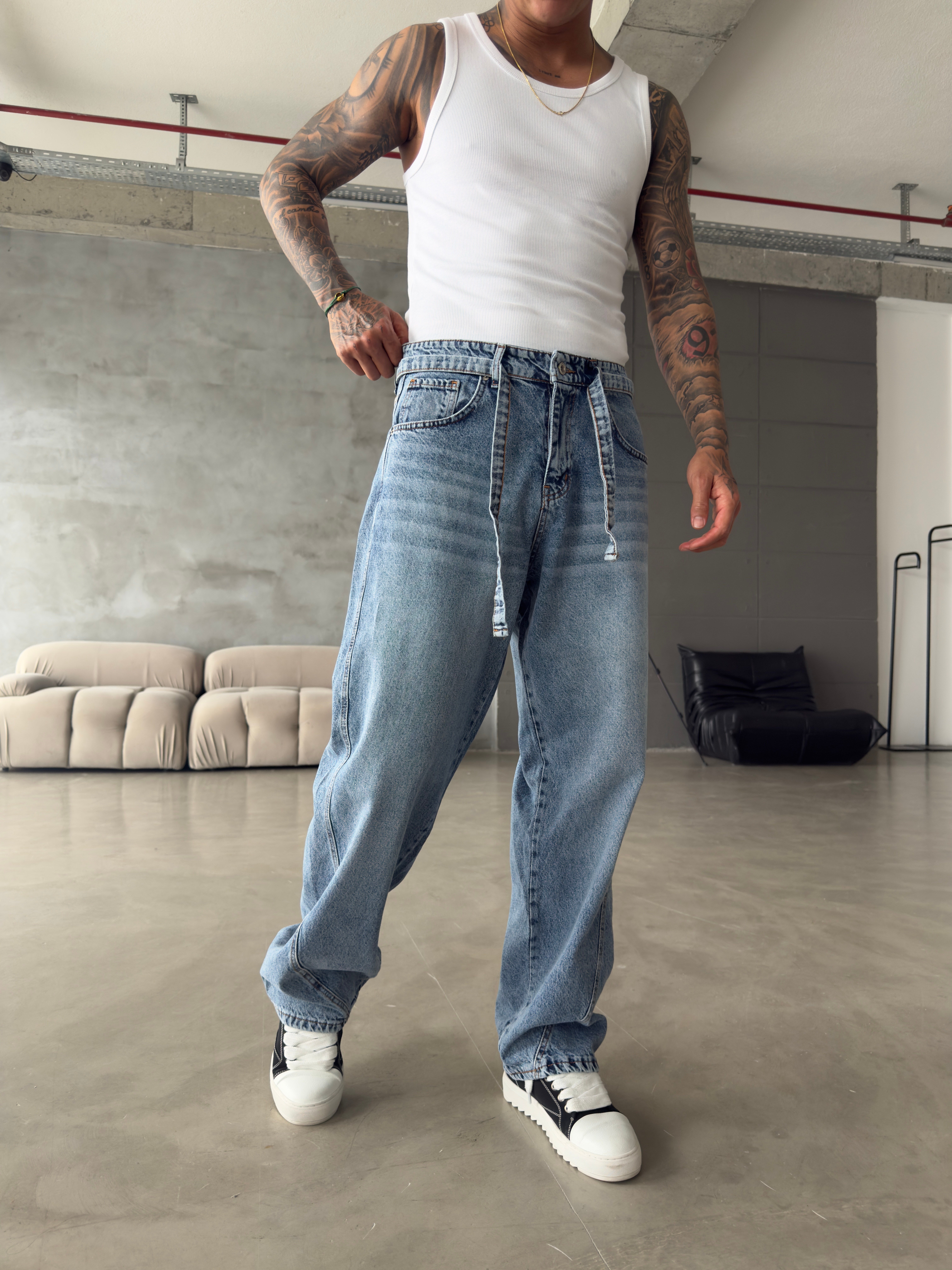 Bel Kemer Detaylı Premium Baggy Pantolon - İndigo