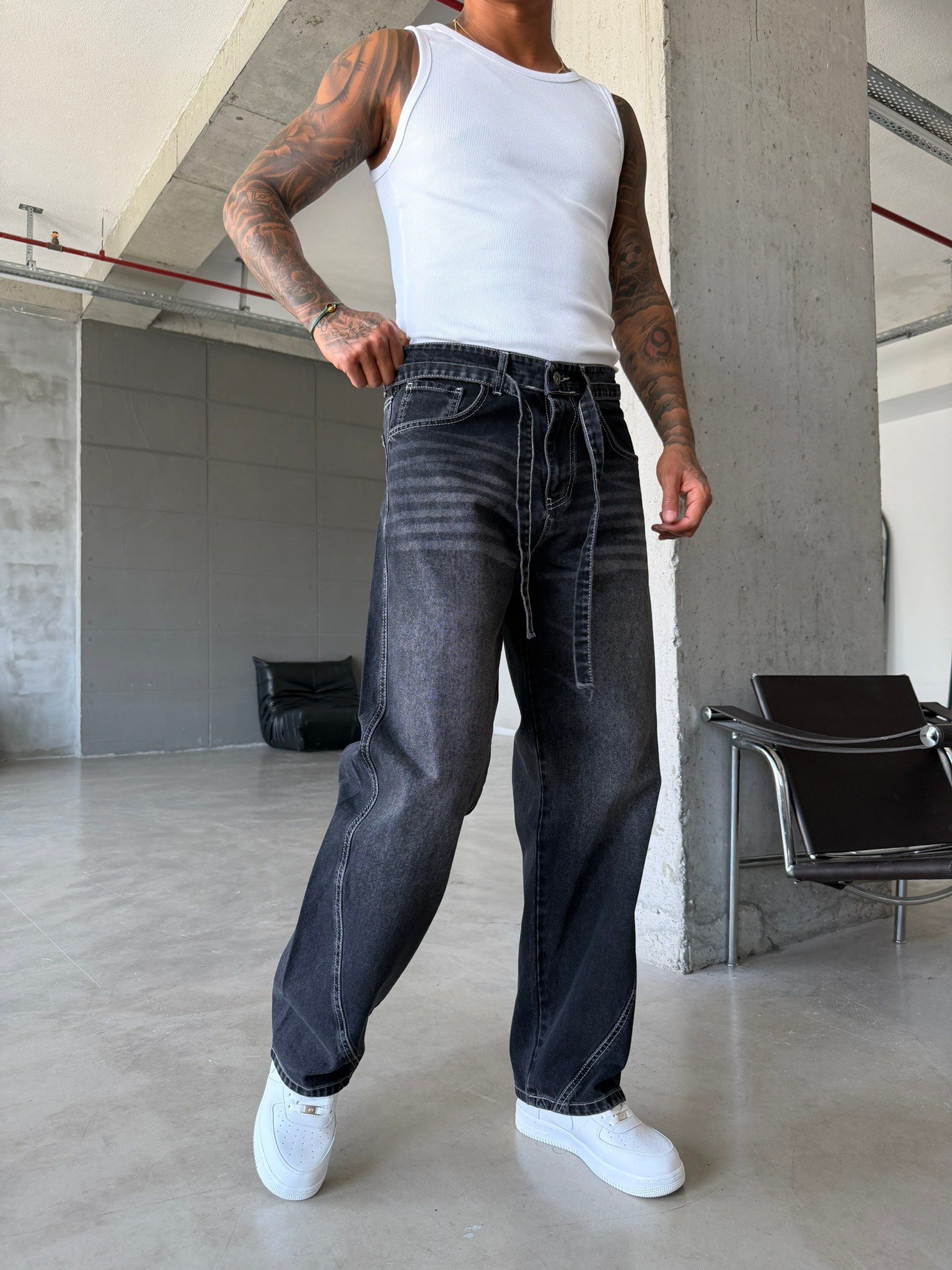 Bel Kemer Detaylı Premium Baggy Pantolon - Füme