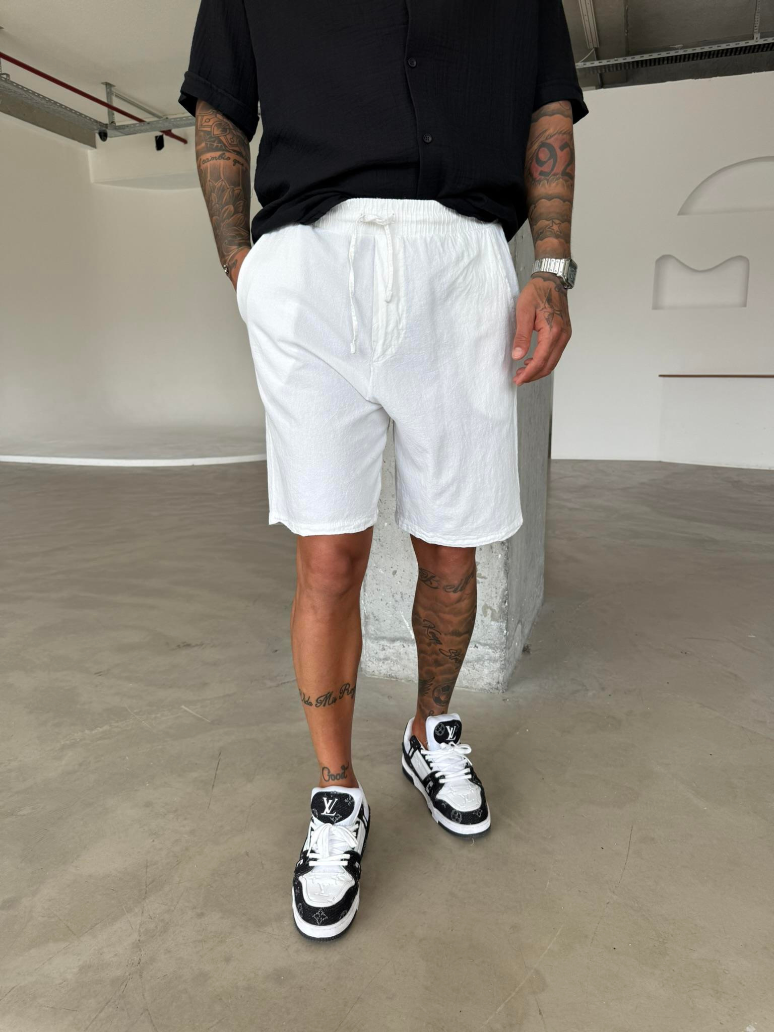 Bel Lastikli Keten Şort - Beyaz