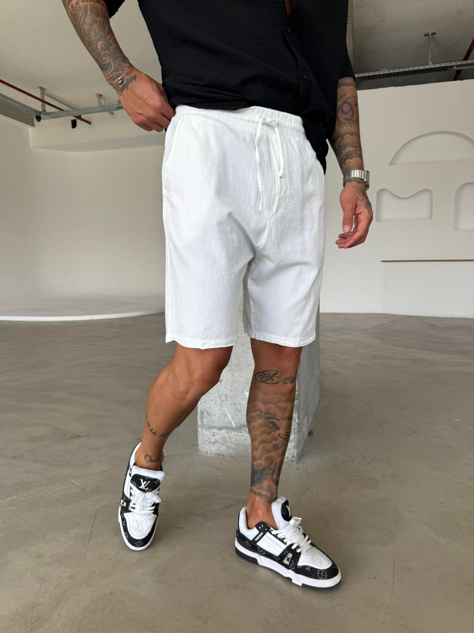 Bel Lastikli Keten Şort - Beyaz