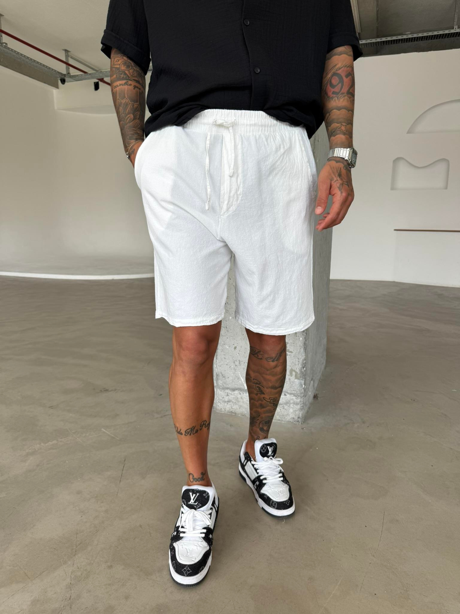 Bel Lastikli Keten Şort - Beyaz