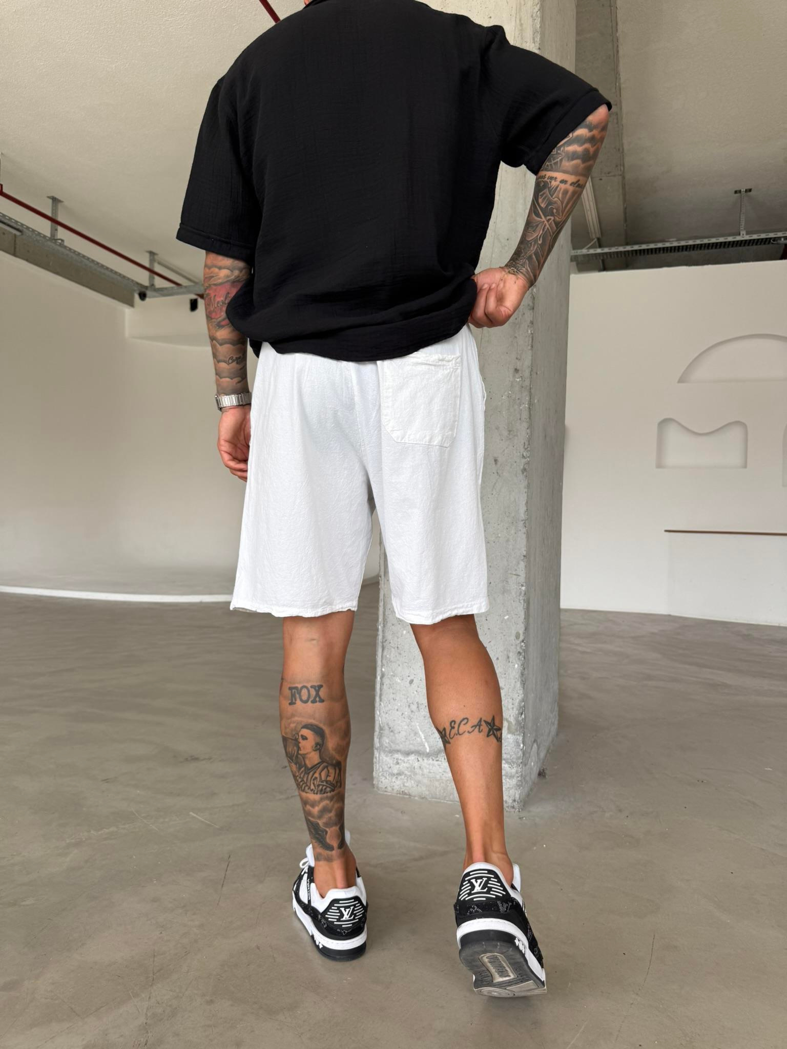 Bel Lastikli Keten Şort - Beyaz