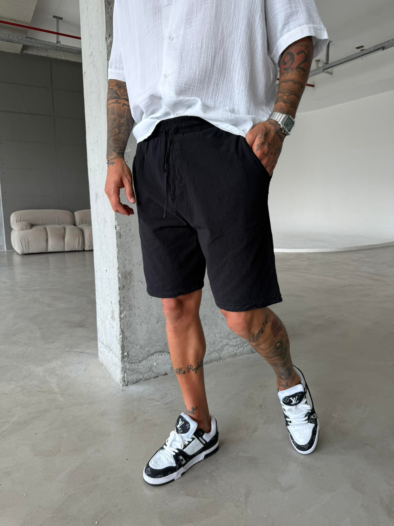 Bel Lastikli Keten Şort - Siyah