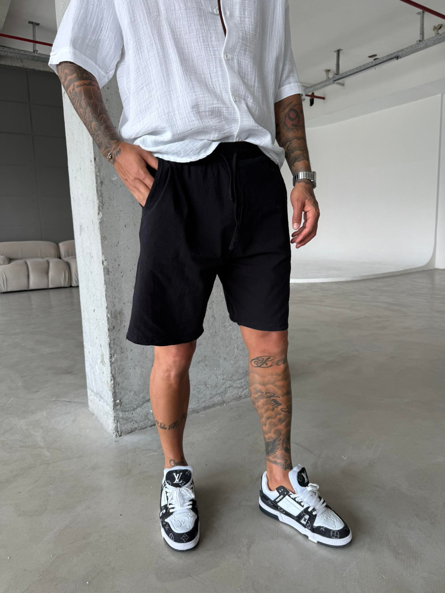 Bel Lastikli Keten Şort - Siyah