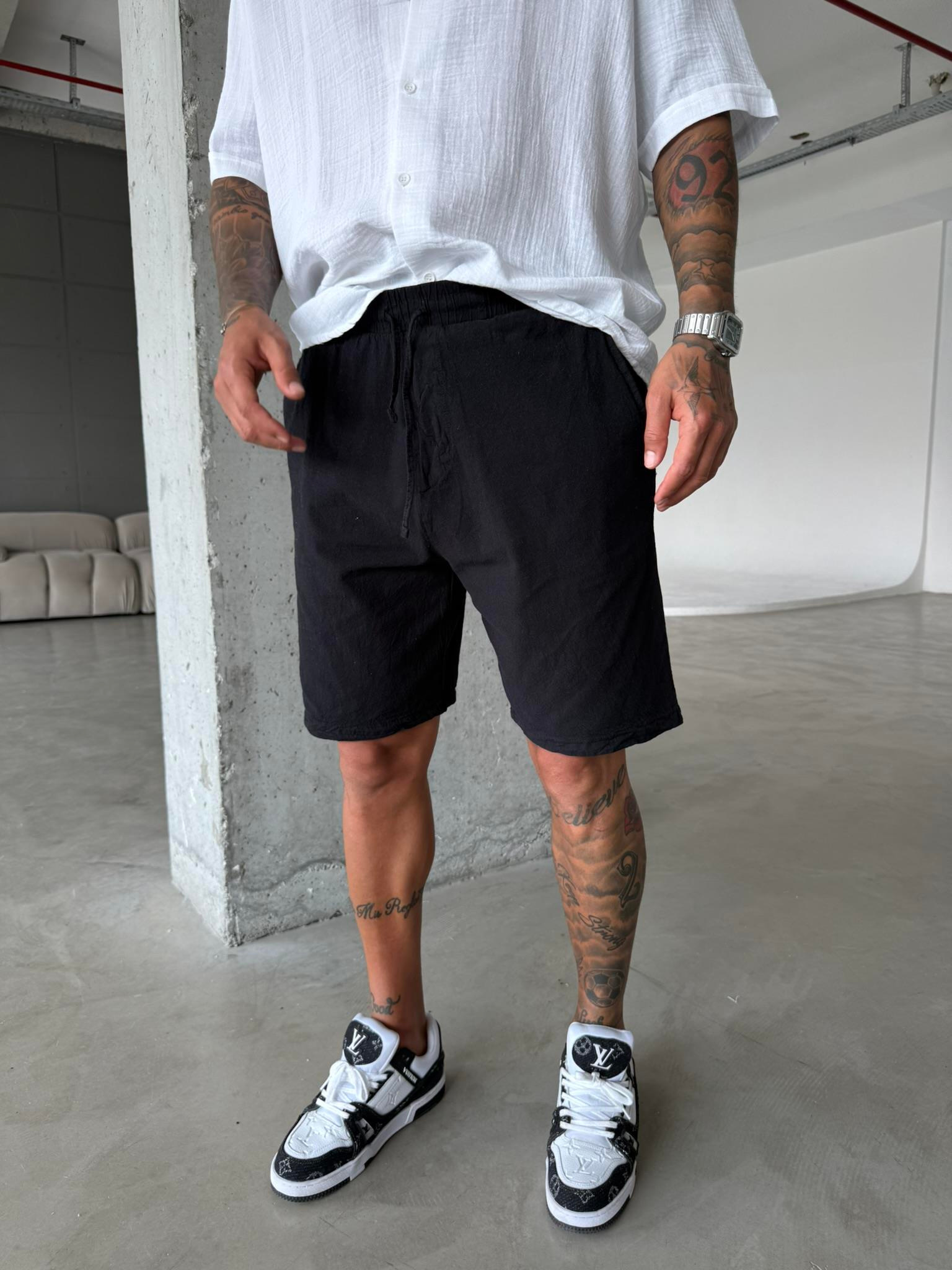 Bel Lastikli Keten Şort - Siyah