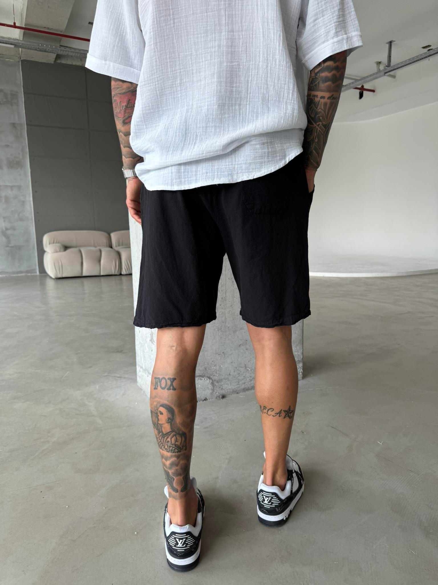 Bel Lastikli Keten Şort - Siyah