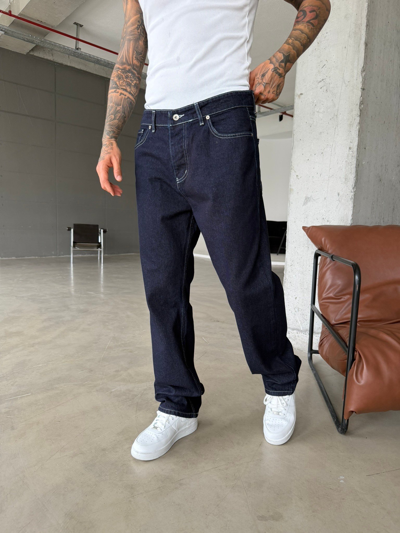 Beyaz Dikişli Premium Baggy Pantolon - Lacivert