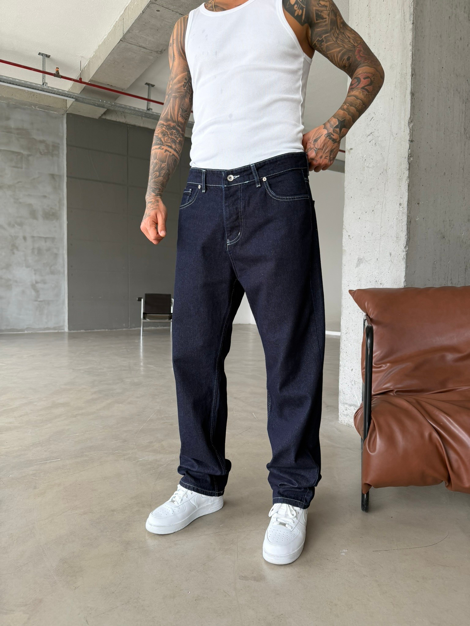 Beyaz Dikişli Premium Baggy Pantolon - Lacivert