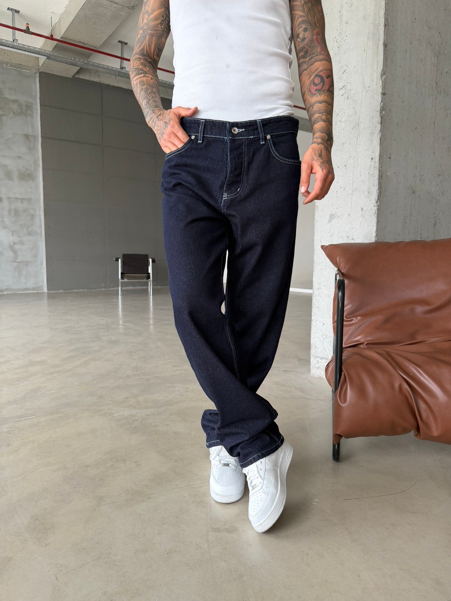 Beyaz Dikişli Premium Baggy Pantolon - Lacivert