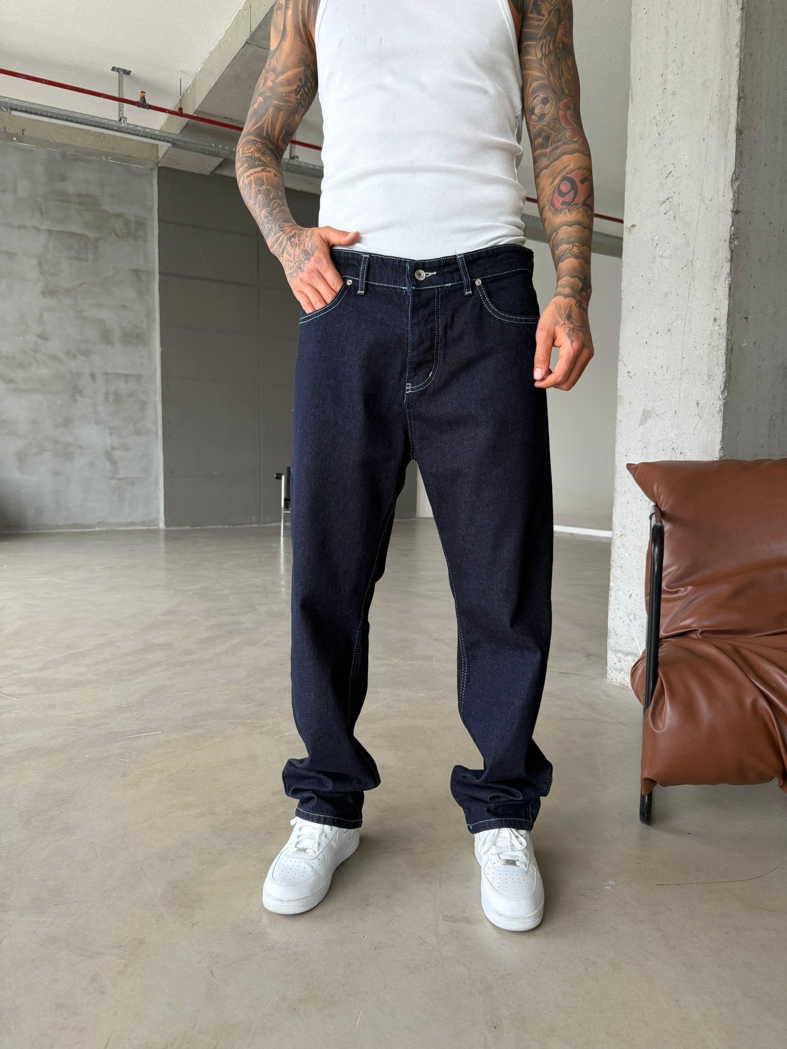 Beyaz Dikişli Premium Baggy Pantolon - Lacivert