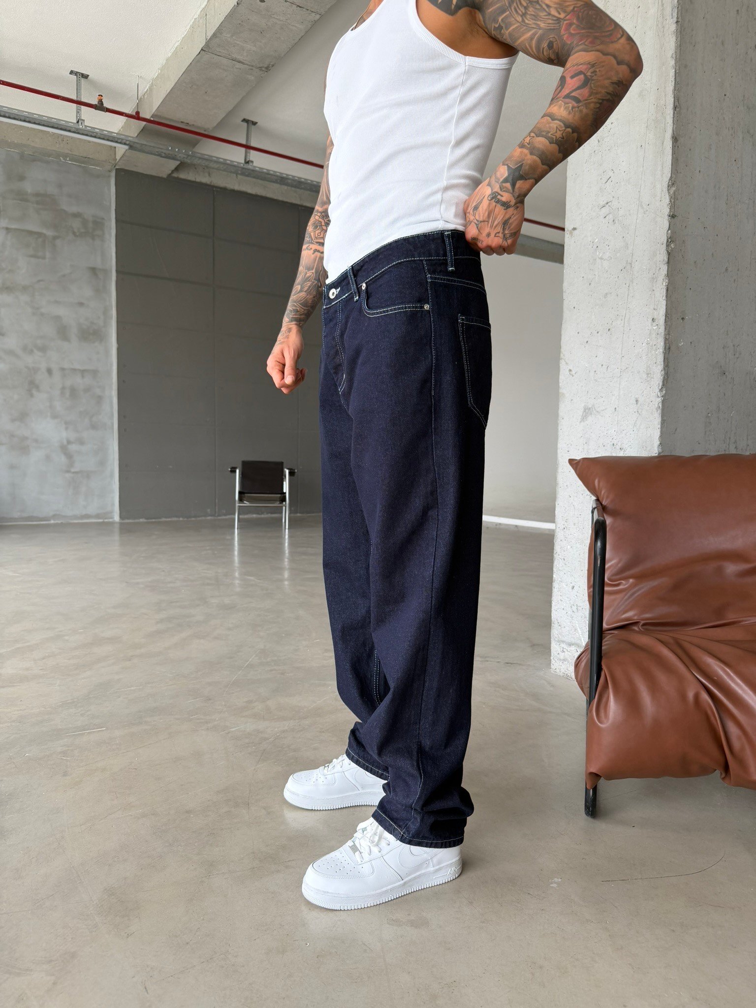 Beyaz Dikişli Premium Baggy Pantolon - Lacivert