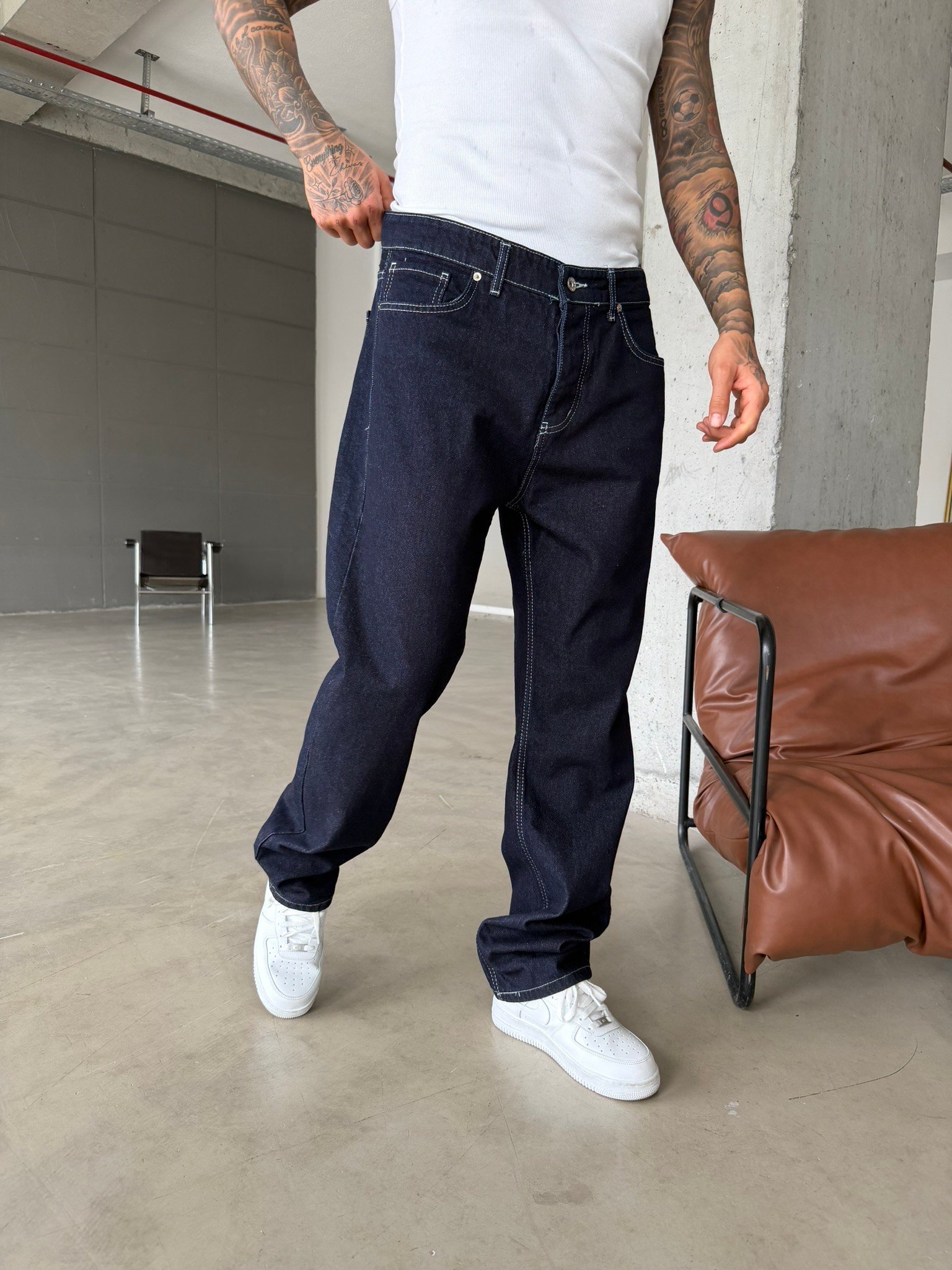 Beyaz Dikişli Premium Baggy Pantolon - Lacivert