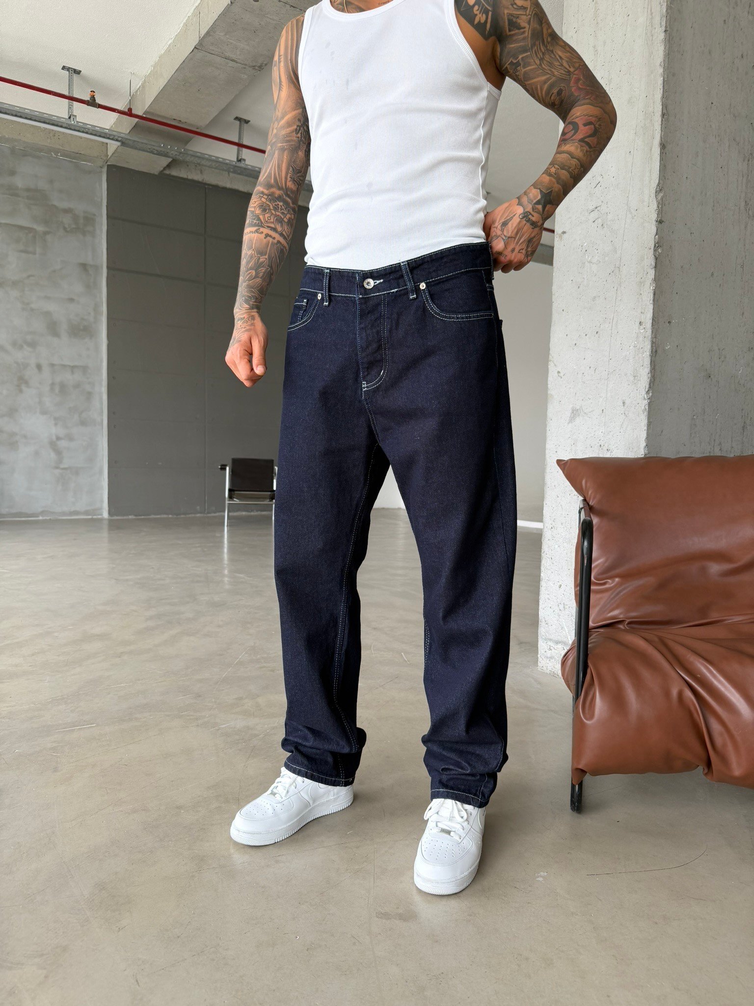 Beyaz Dikişli Premium Baggy Pantolon - Lacivert