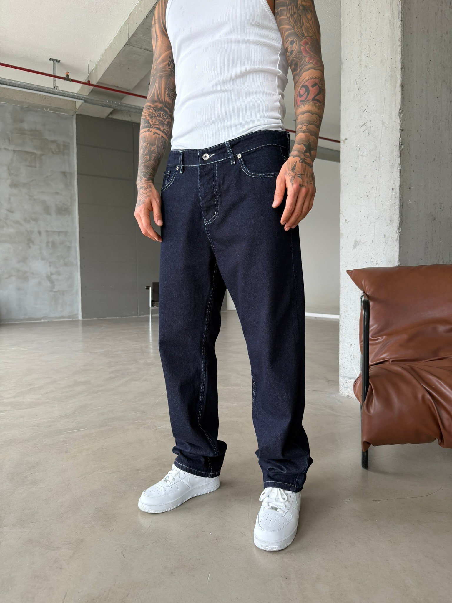 Beyaz Dikişli Premium Baggy Pantolon - Lacivert