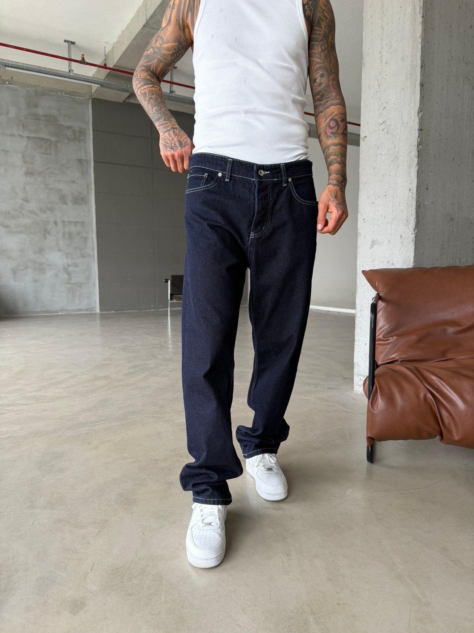 Beyaz Dikişli Premium Baggy Pantolon - Lacivert