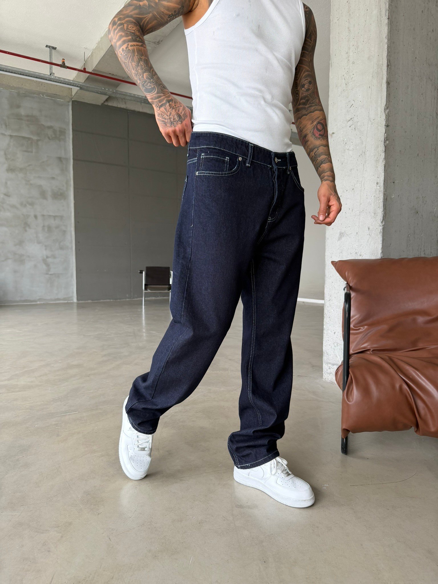 Beyaz Dikişli Premium Baggy Pantolon - Lacivert