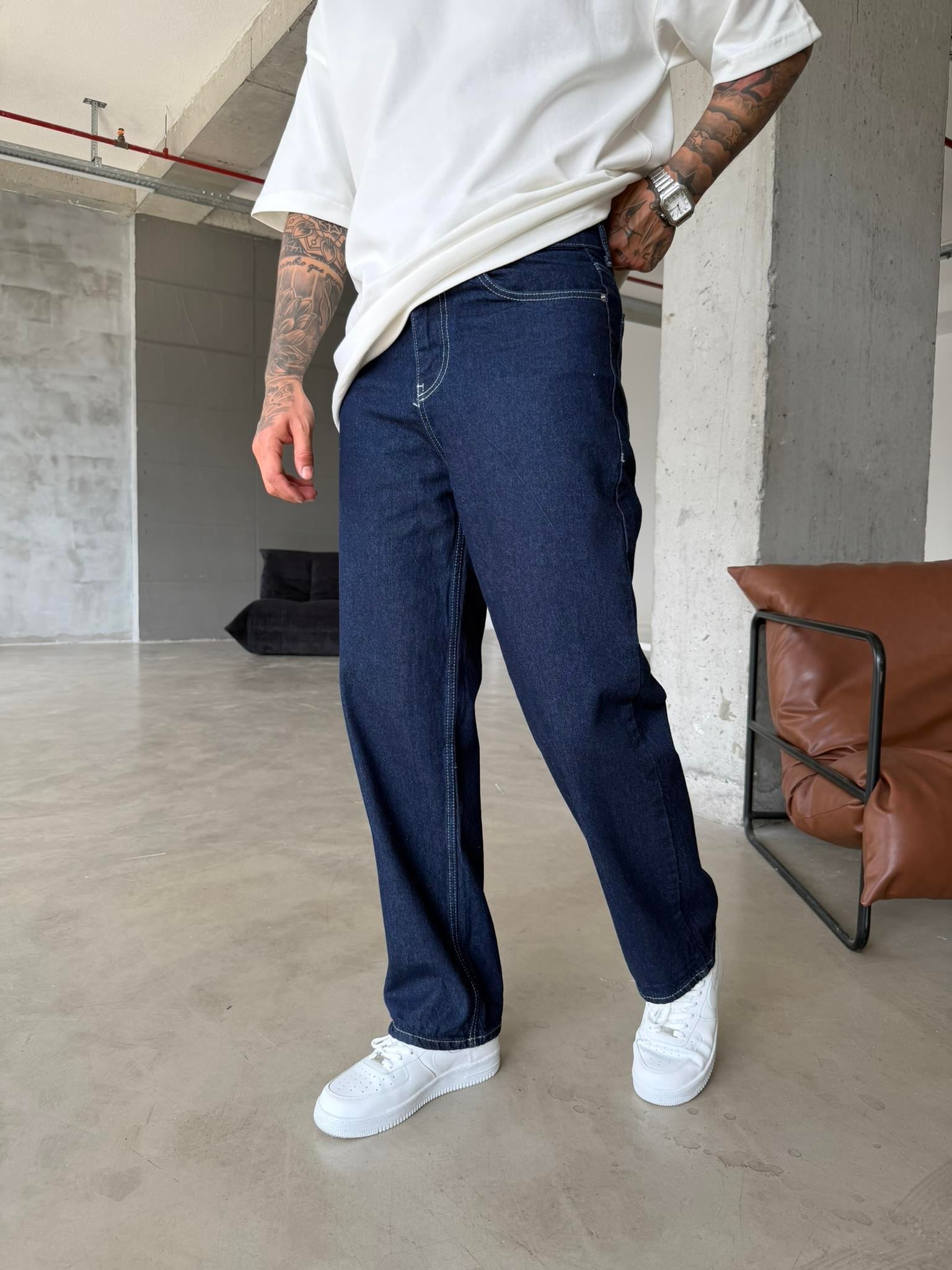 Beyaz İp Detaylı Relax Baggy Pantolon - Lacivert