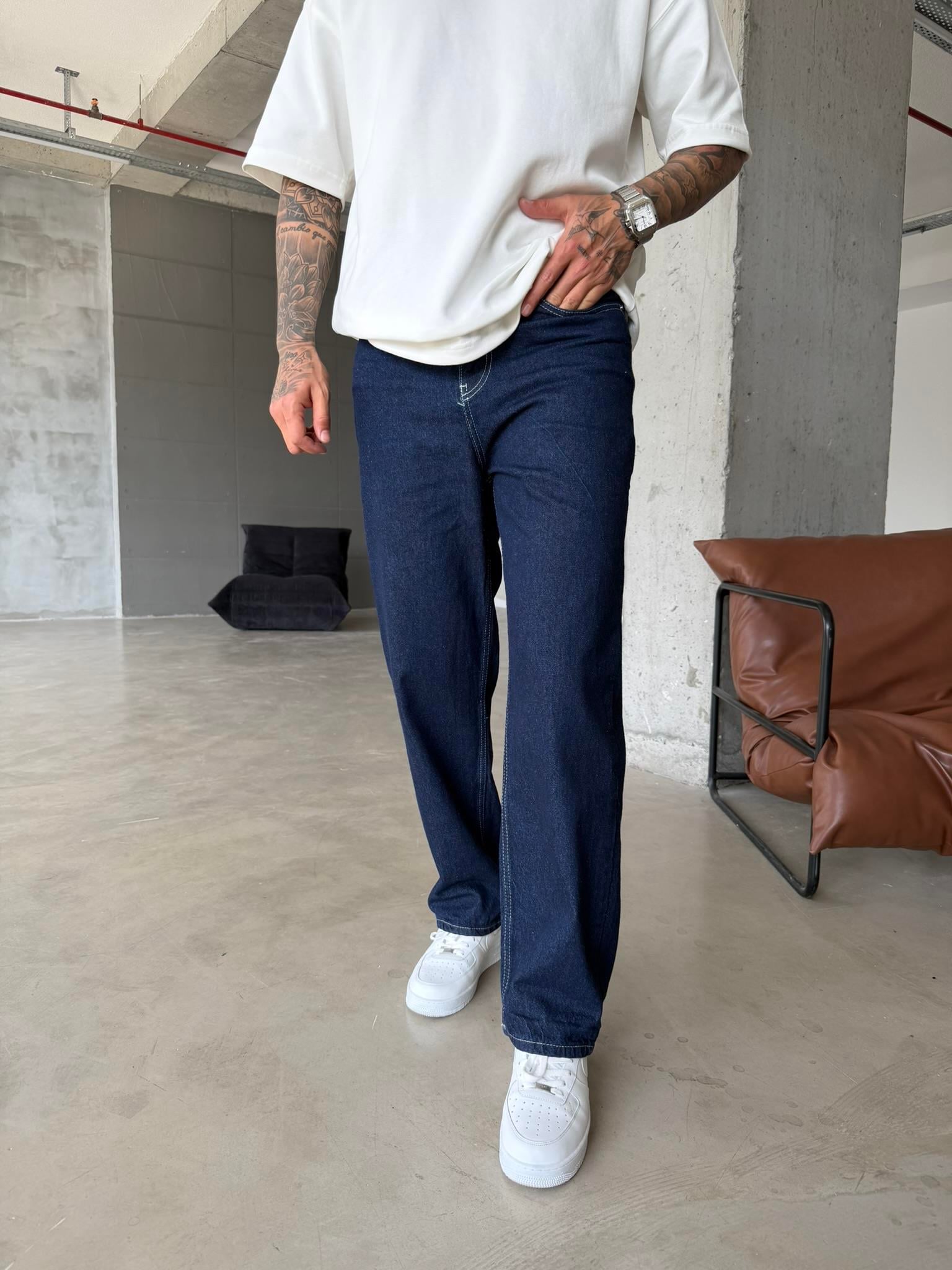 Beyaz İp Detaylı Relax Baggy Pantolon - Lacivert