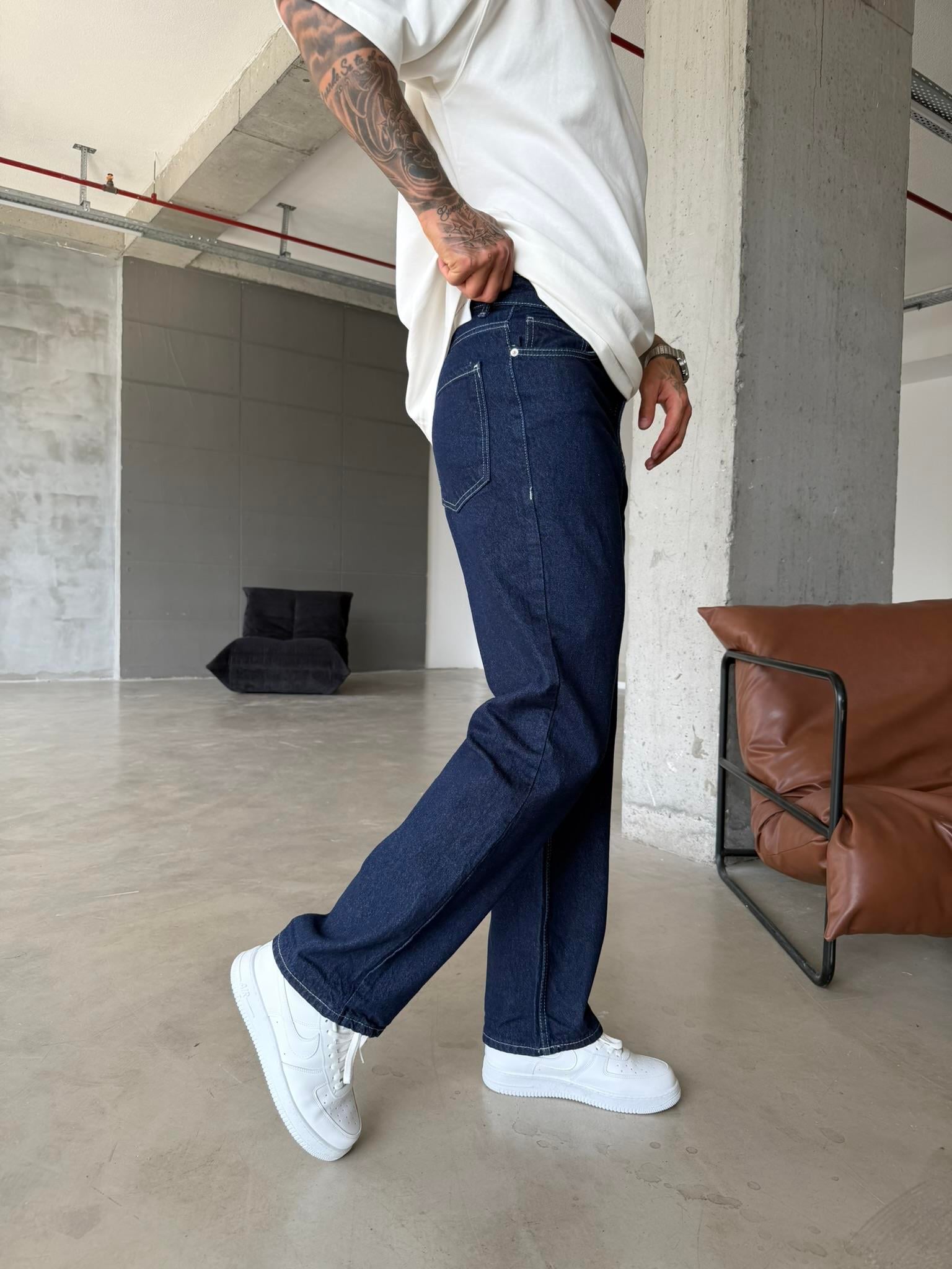 Beyaz İp Detaylı Relax Baggy Pantolon - Lacivert