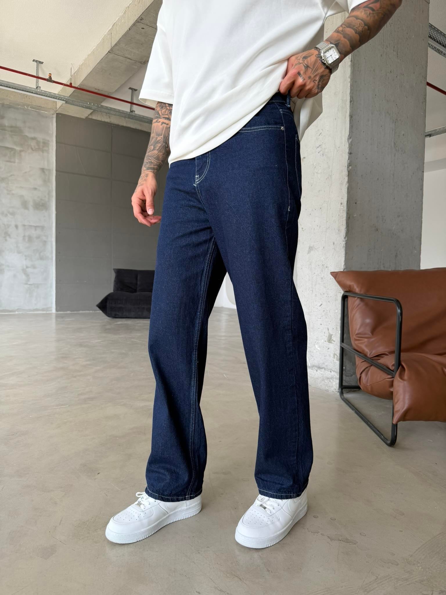 Beyaz İp Detaylı Relax Baggy Pantolon - Lacivert