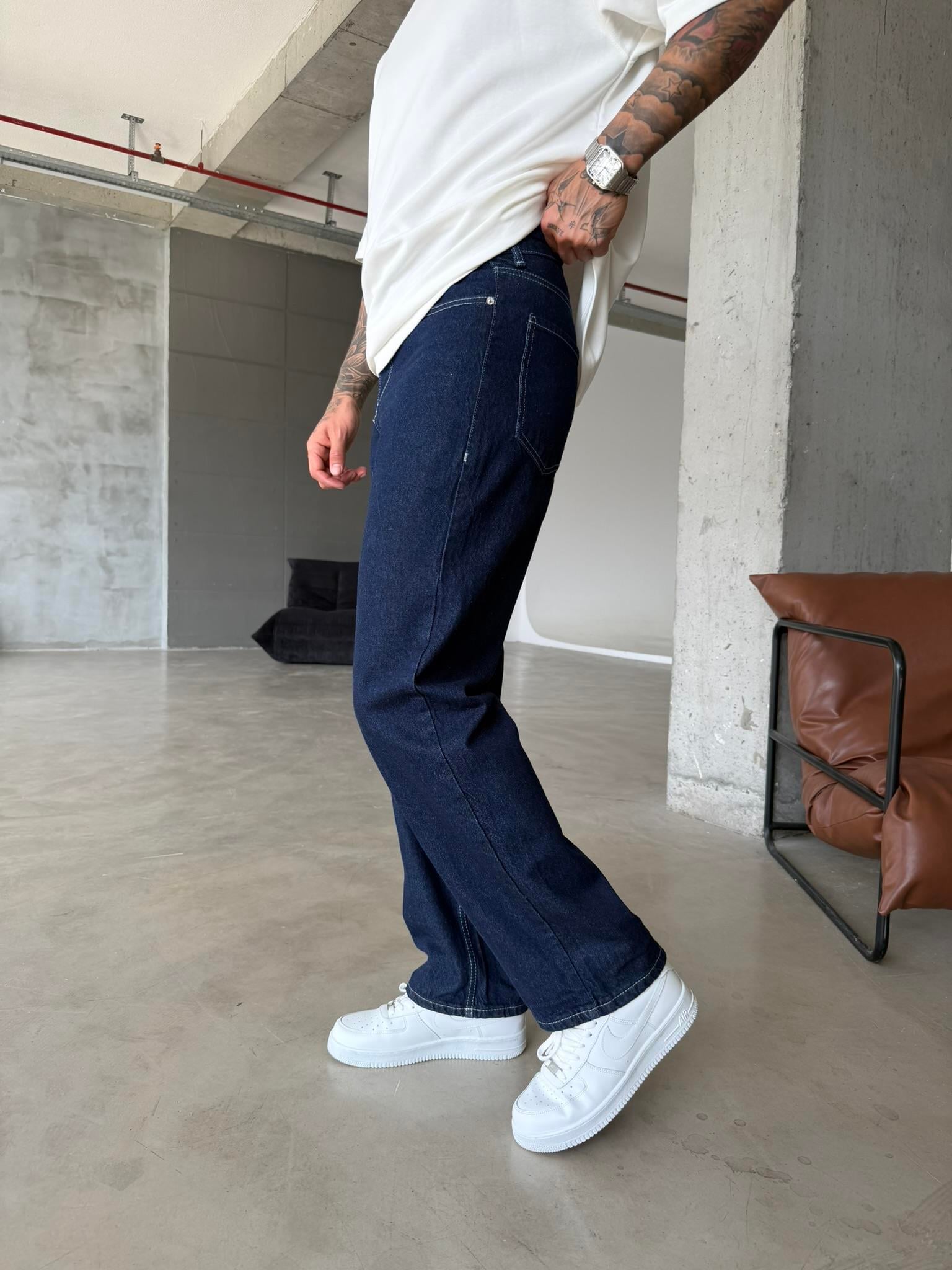 Beyaz İp Detaylı Relax Baggy Pantolon - Lacivert