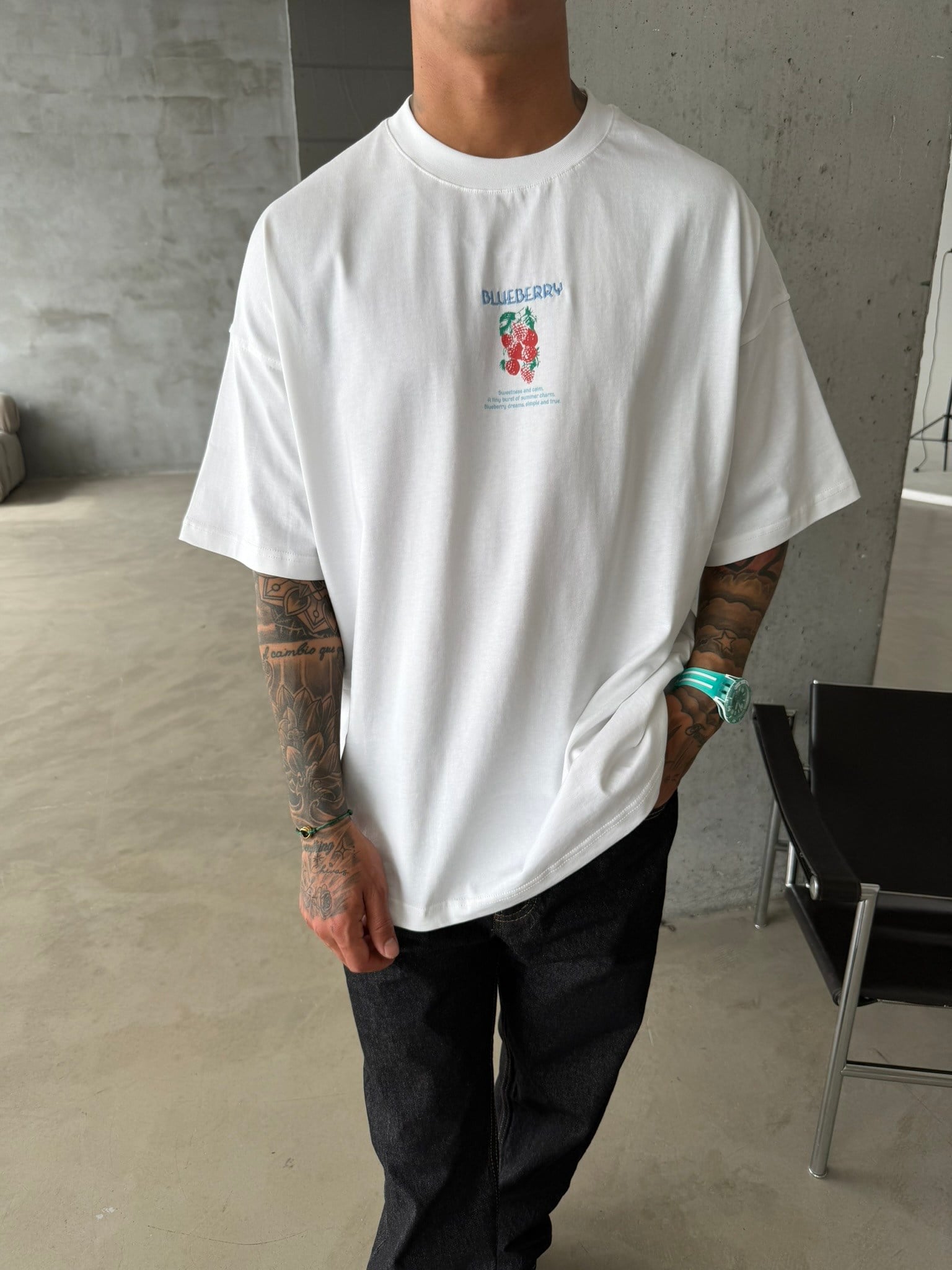 BlueBerry Nakışlı Premium T-Shirt - Beyaz