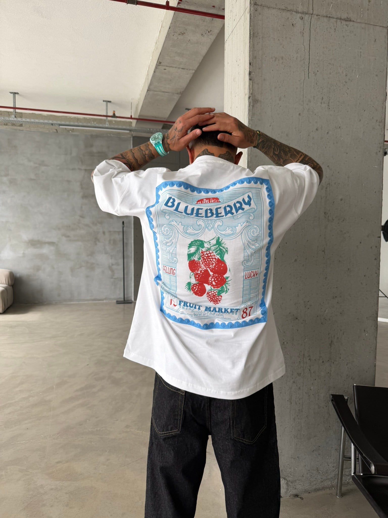 BlueBerry Nakışlı Premium T-Shirt - Beyaz