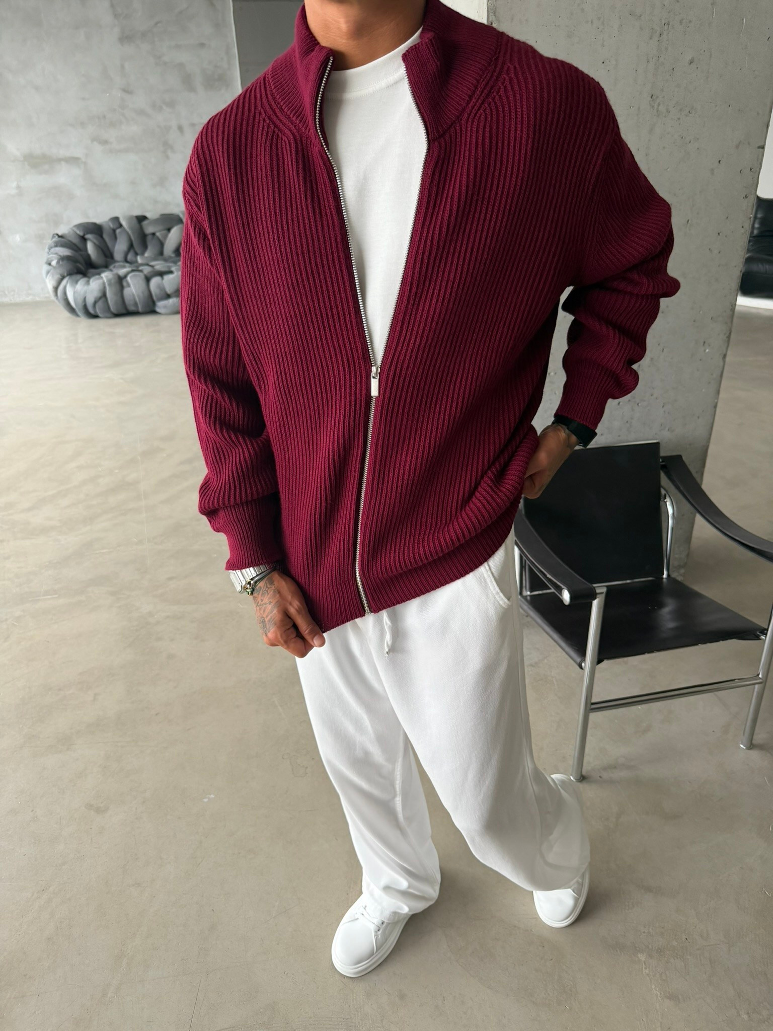 Bordeaux Zip Knit Hırka