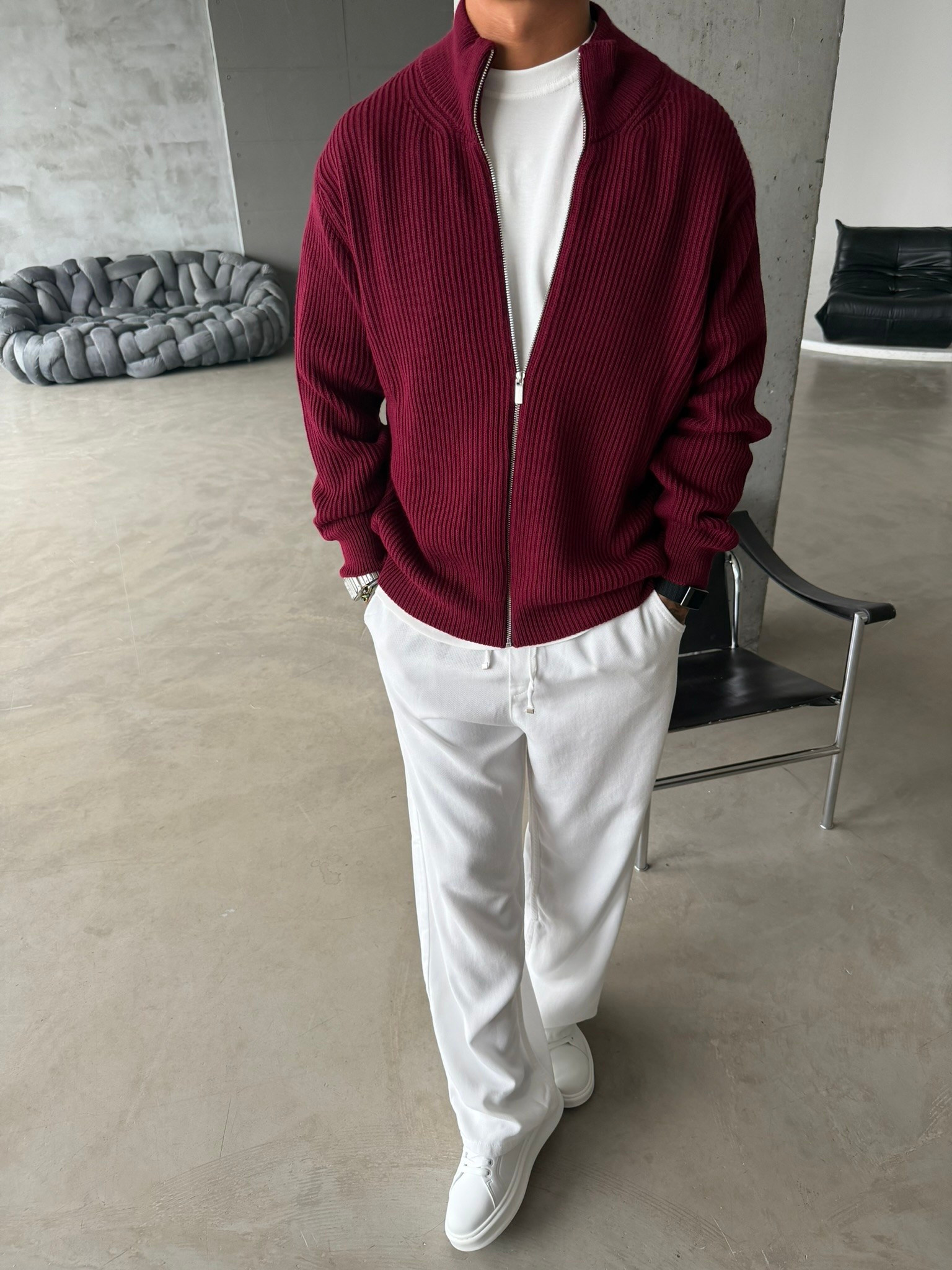 Bordeaux Zip Knit Hırka