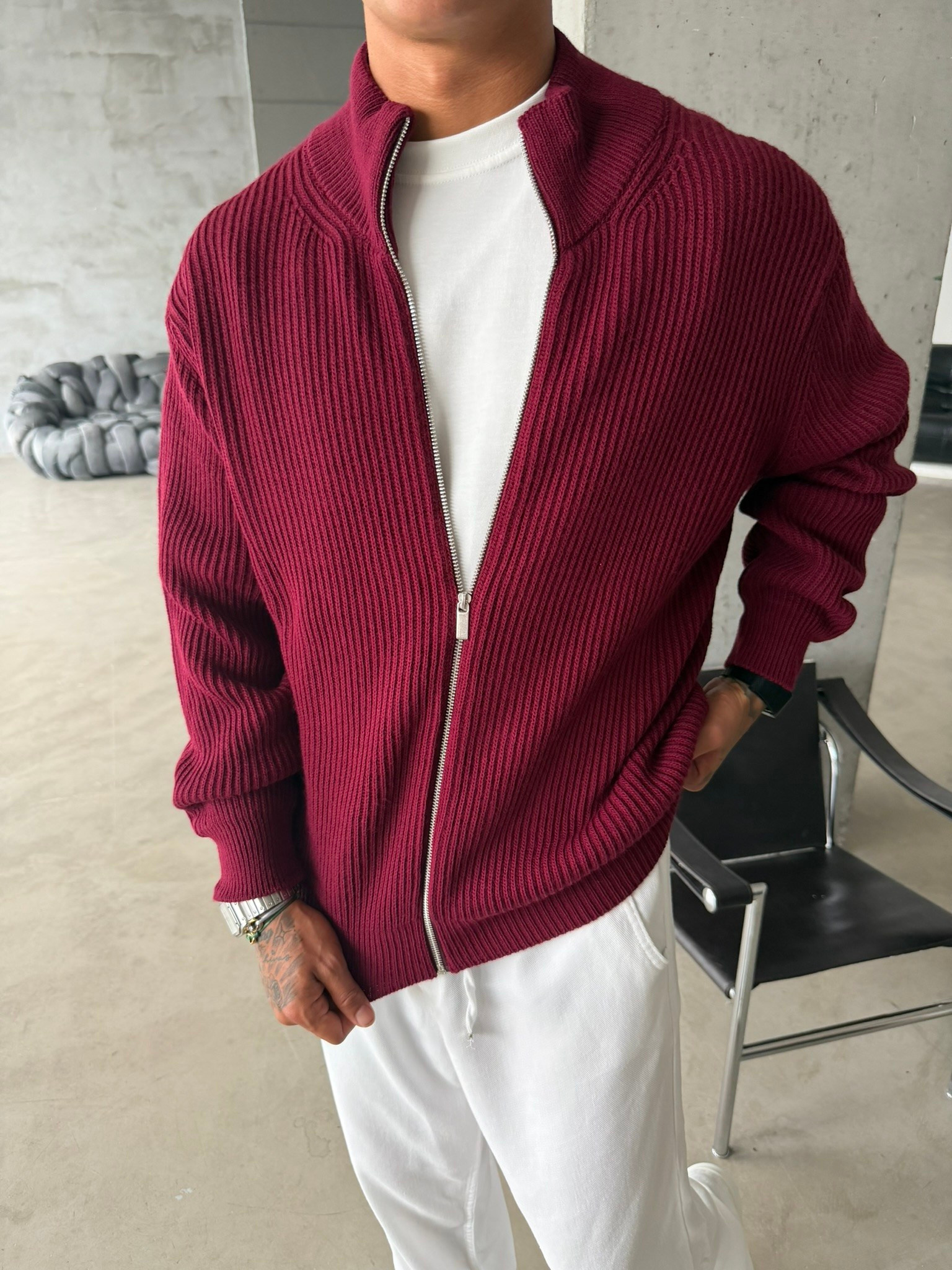 Bordeaux Zip Knit Hırka