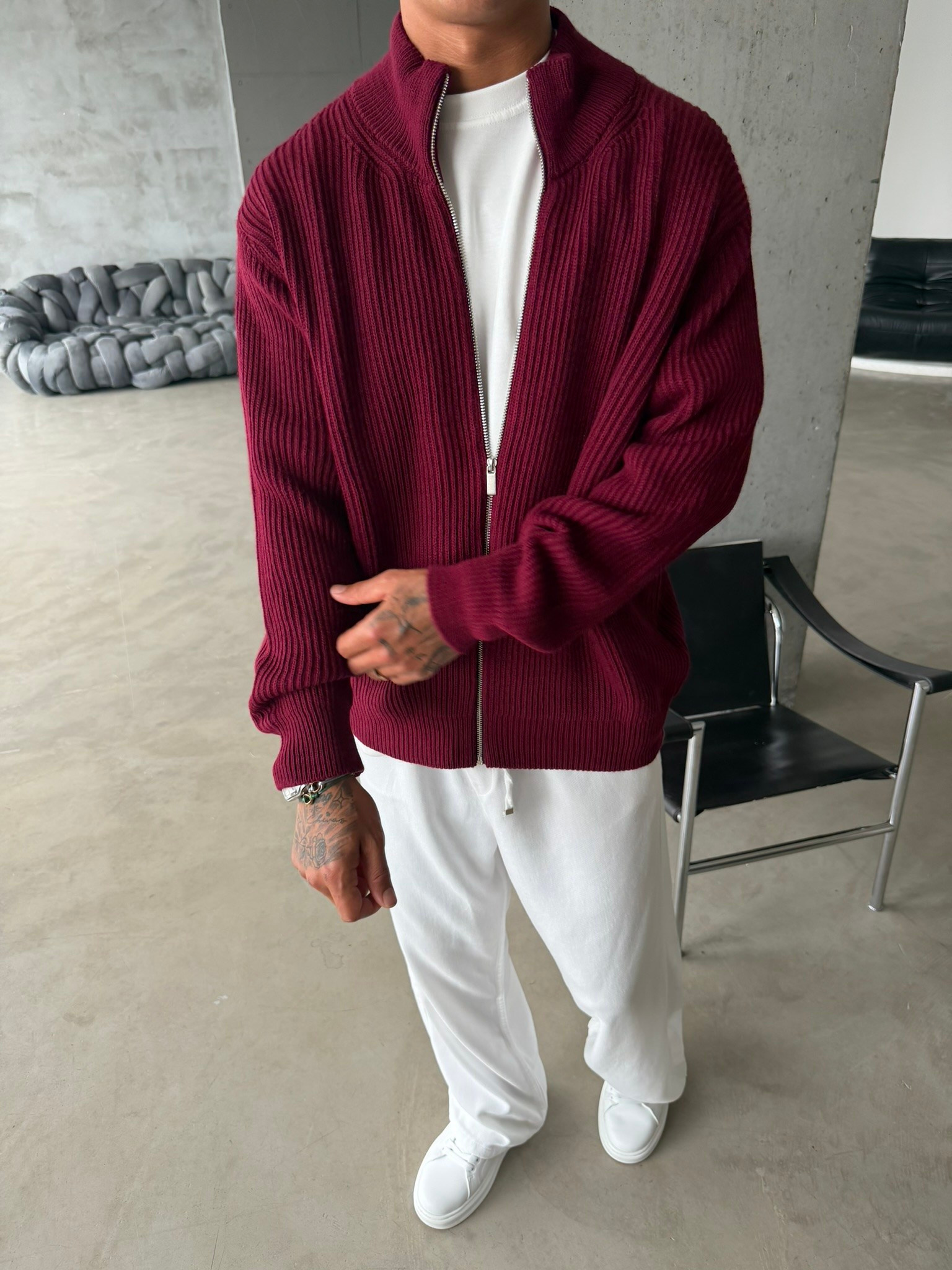 Bordeaux Zip Knit Hırka