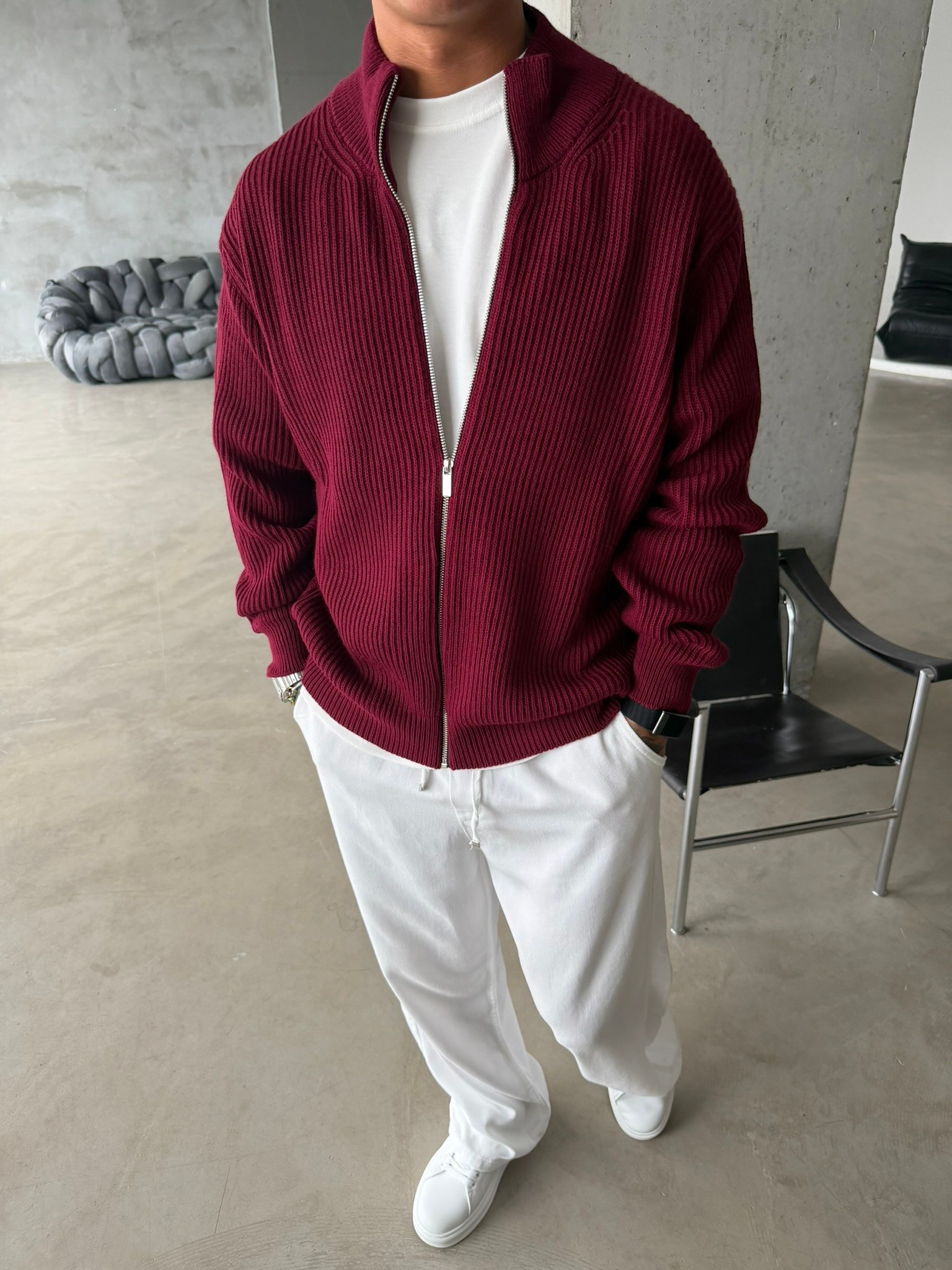 Bordeaux Zip Knit Hırka