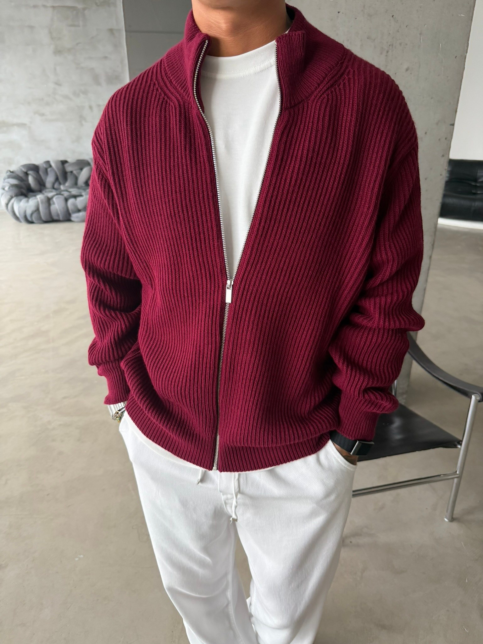 Bordeaux Zip Knit Hırka