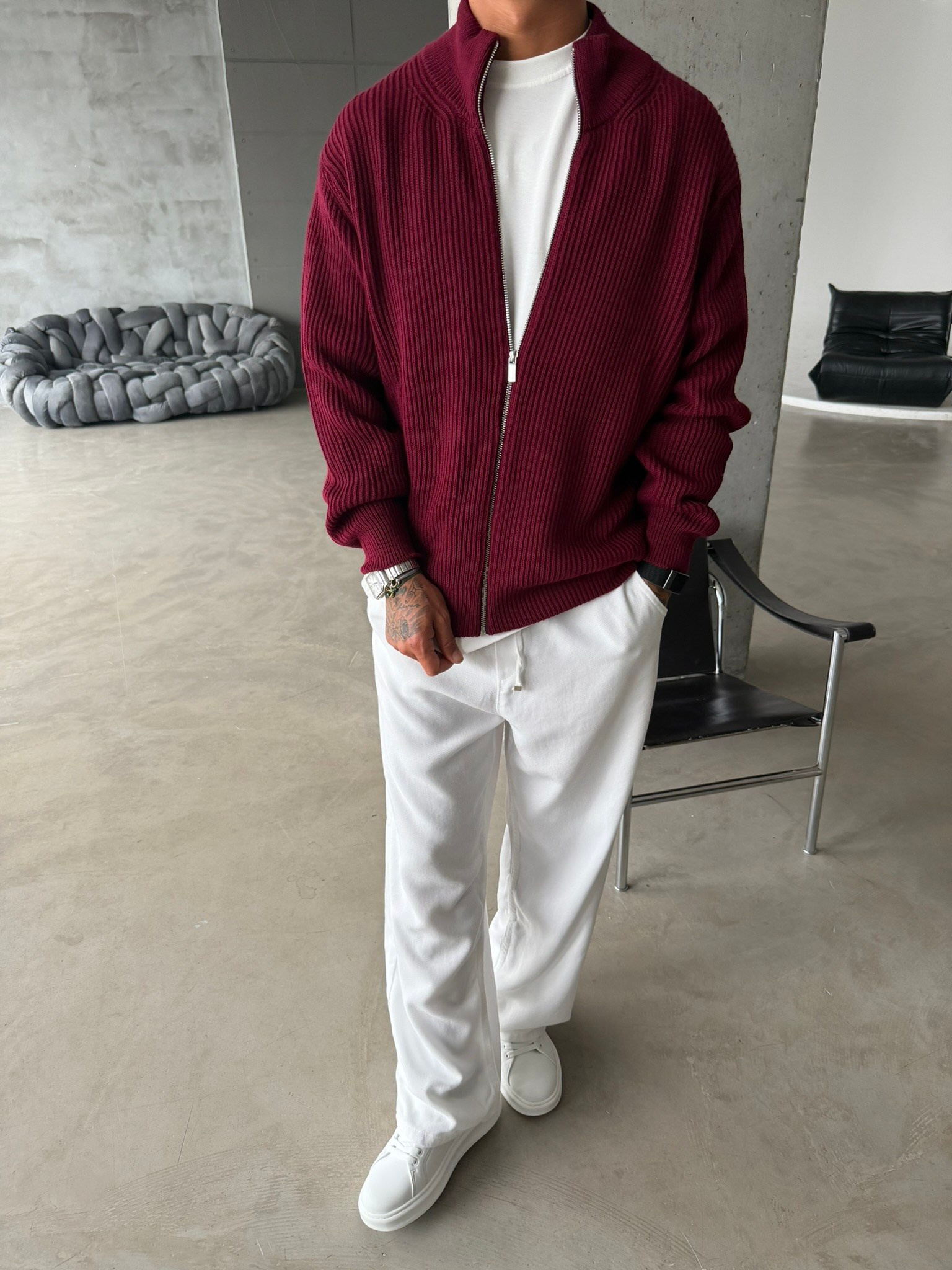 Bordeaux Zip Knit Hırka
