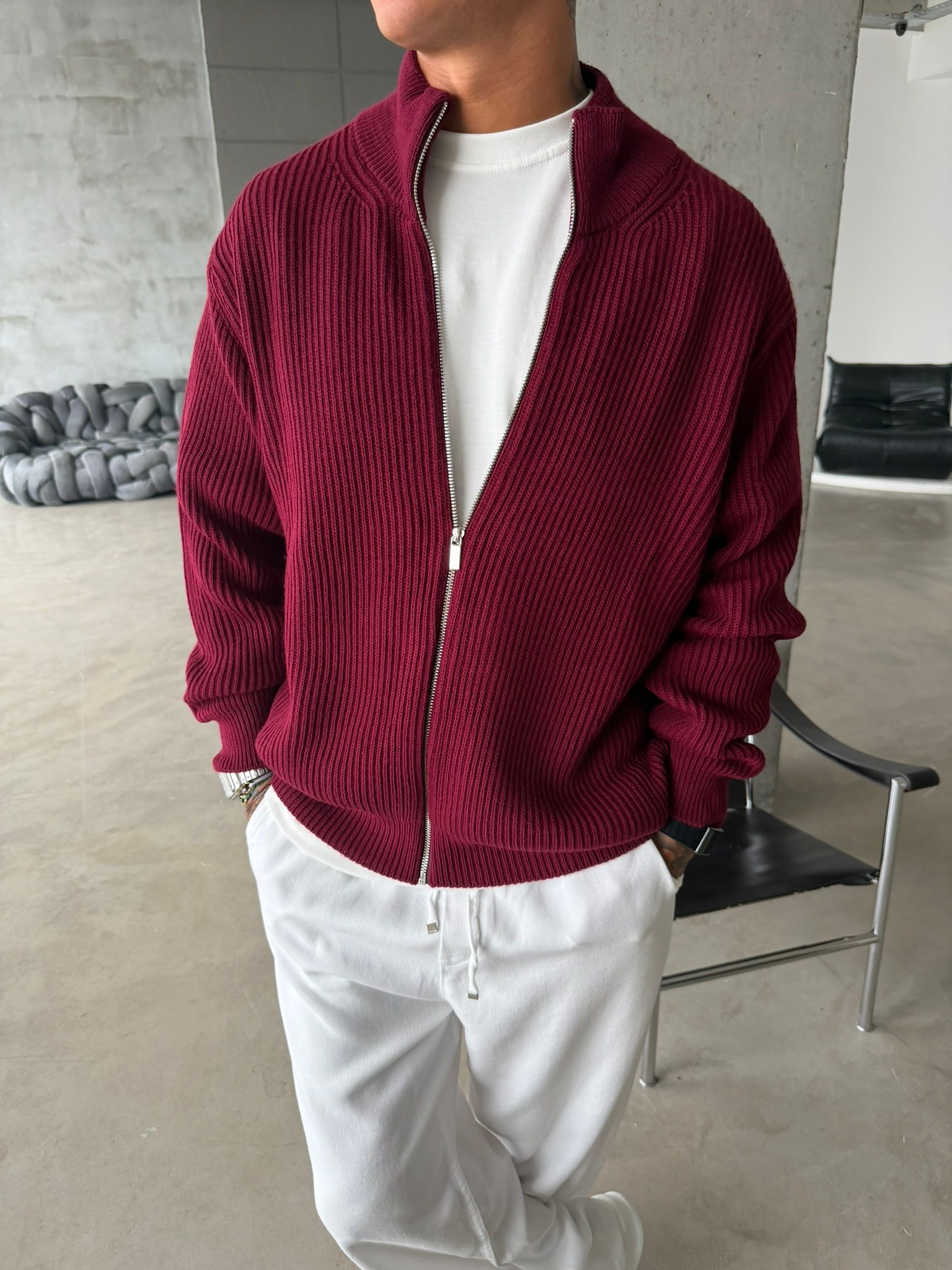 Bordeaux Zip Knit Hırka