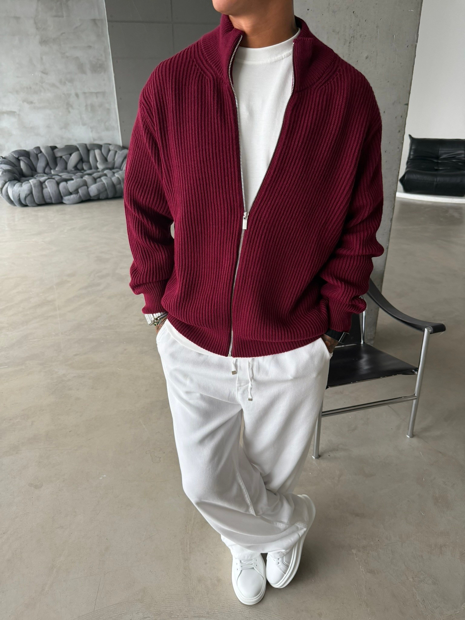 Bordeaux Zip Knit Hırka