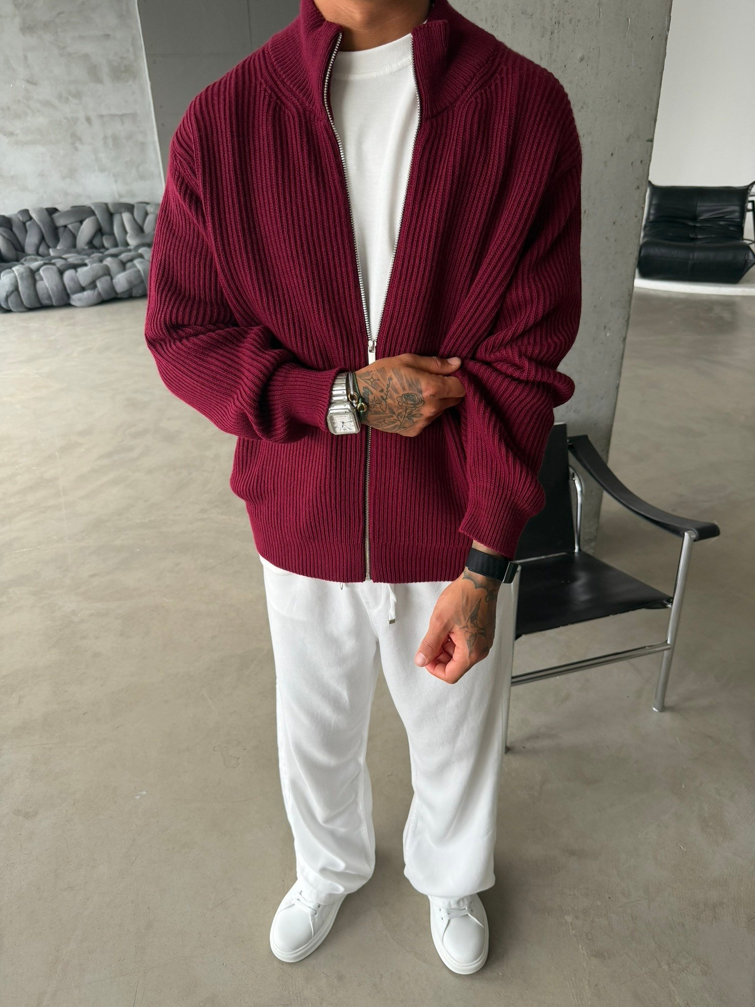 Bordeaux Zip Knit Hırka