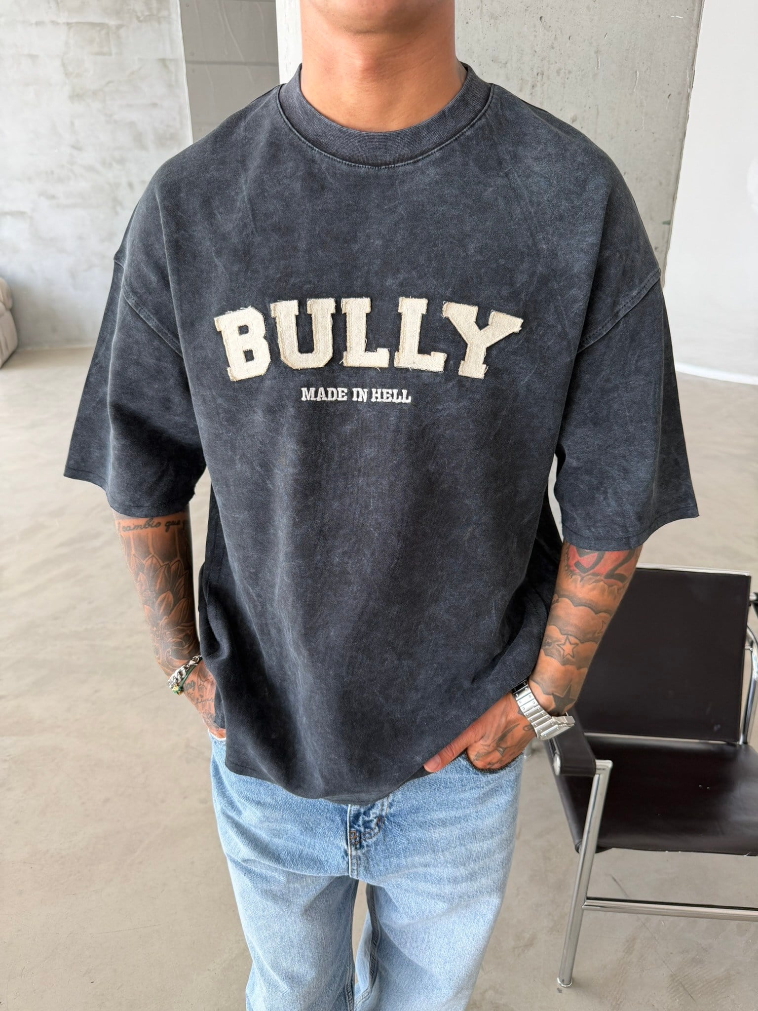 BULLY Premium Yıkamalı Nakış İşleme T-Shirt - Siyah