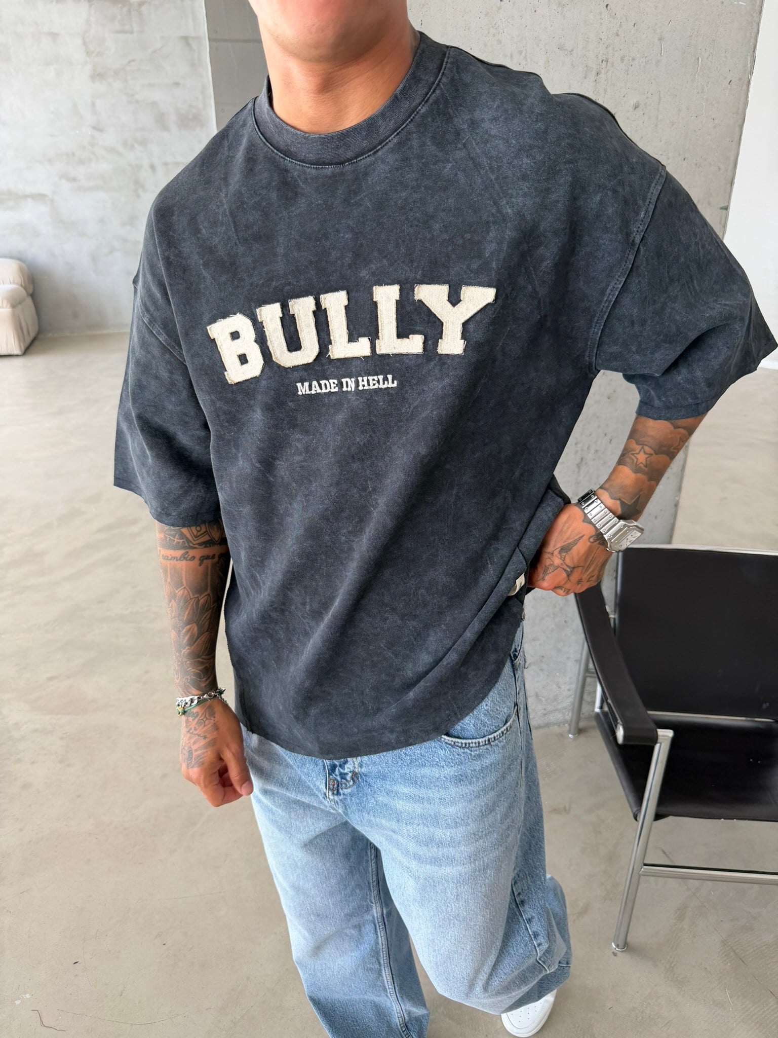 BULLY Premium Yıkamalı Nakış İşleme T-Shirt - Siyah