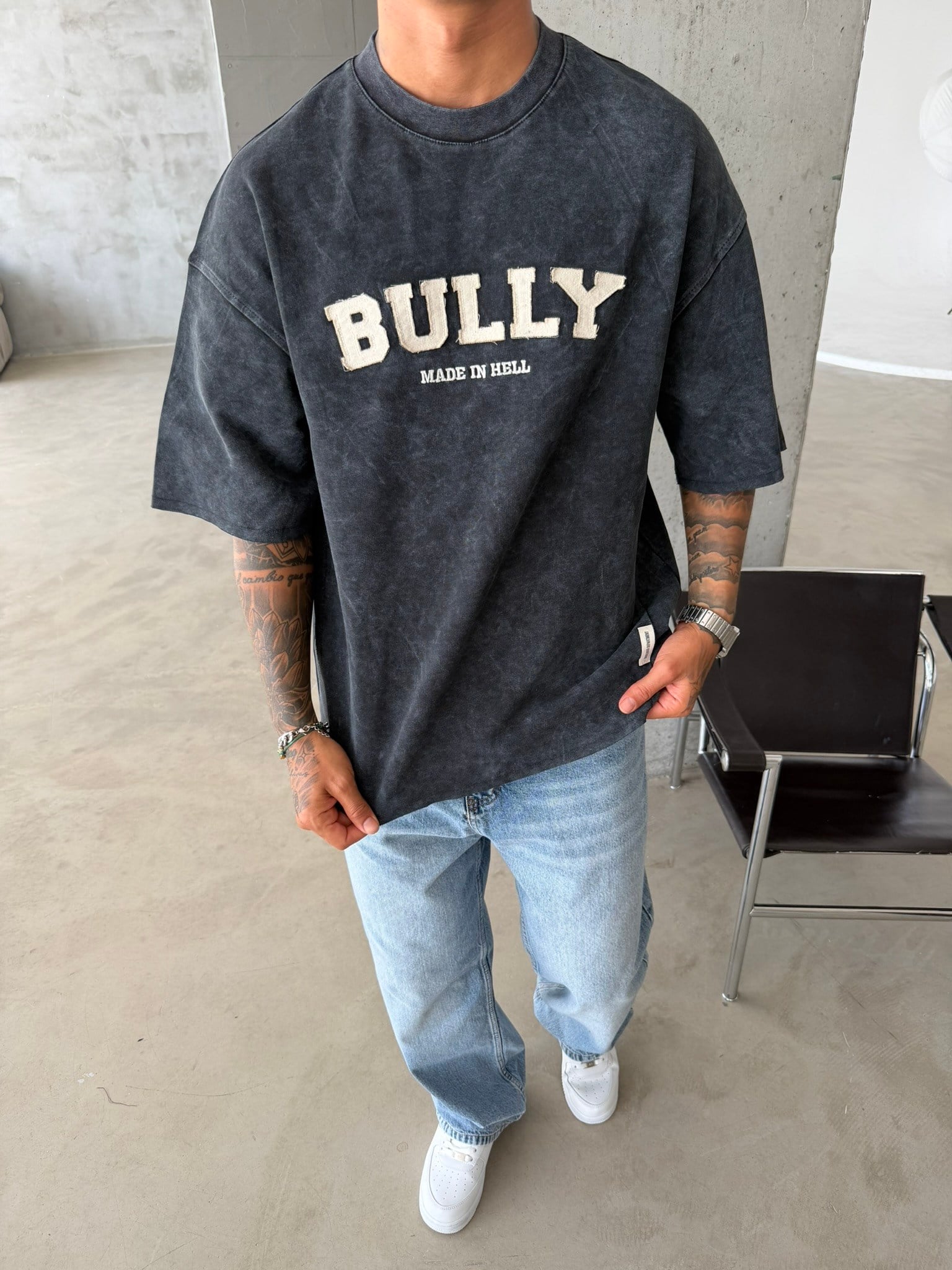 BULLY Premium Yıkamalı Nakış İşleme T-Shirt - Siyah