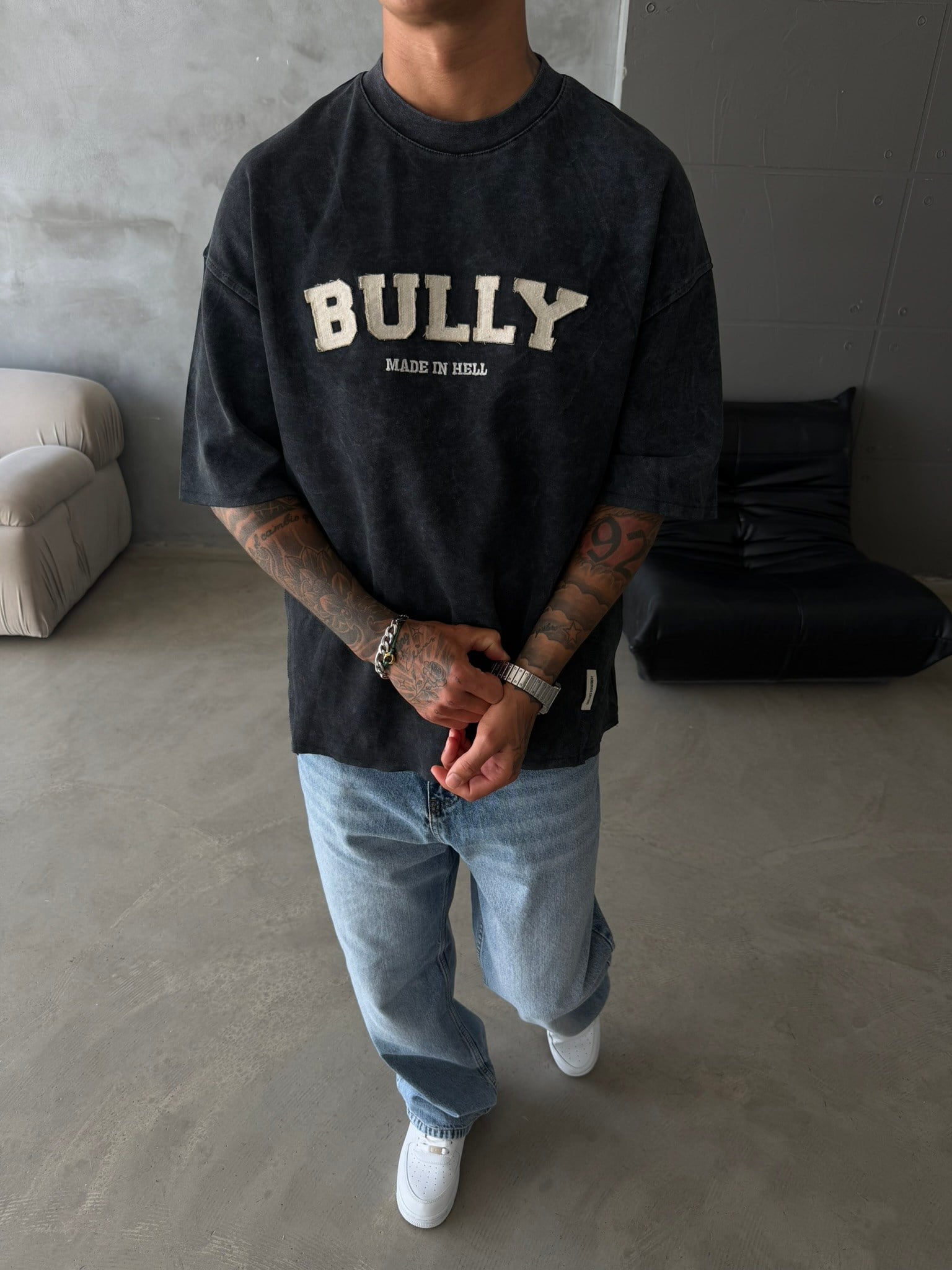 BULLY Premium Yıkamalı Nakış İşleme T-Shirt - Siyah