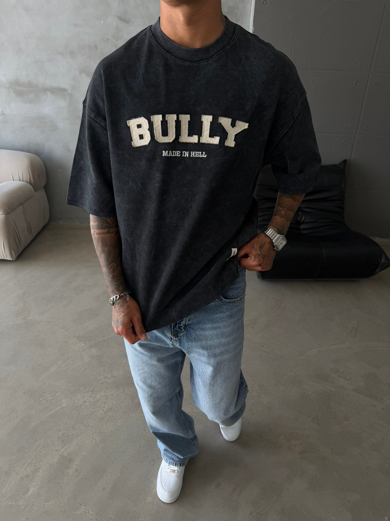 BULLY Premium Yıkamalı Nakış İşleme T-Shirt - Siyah