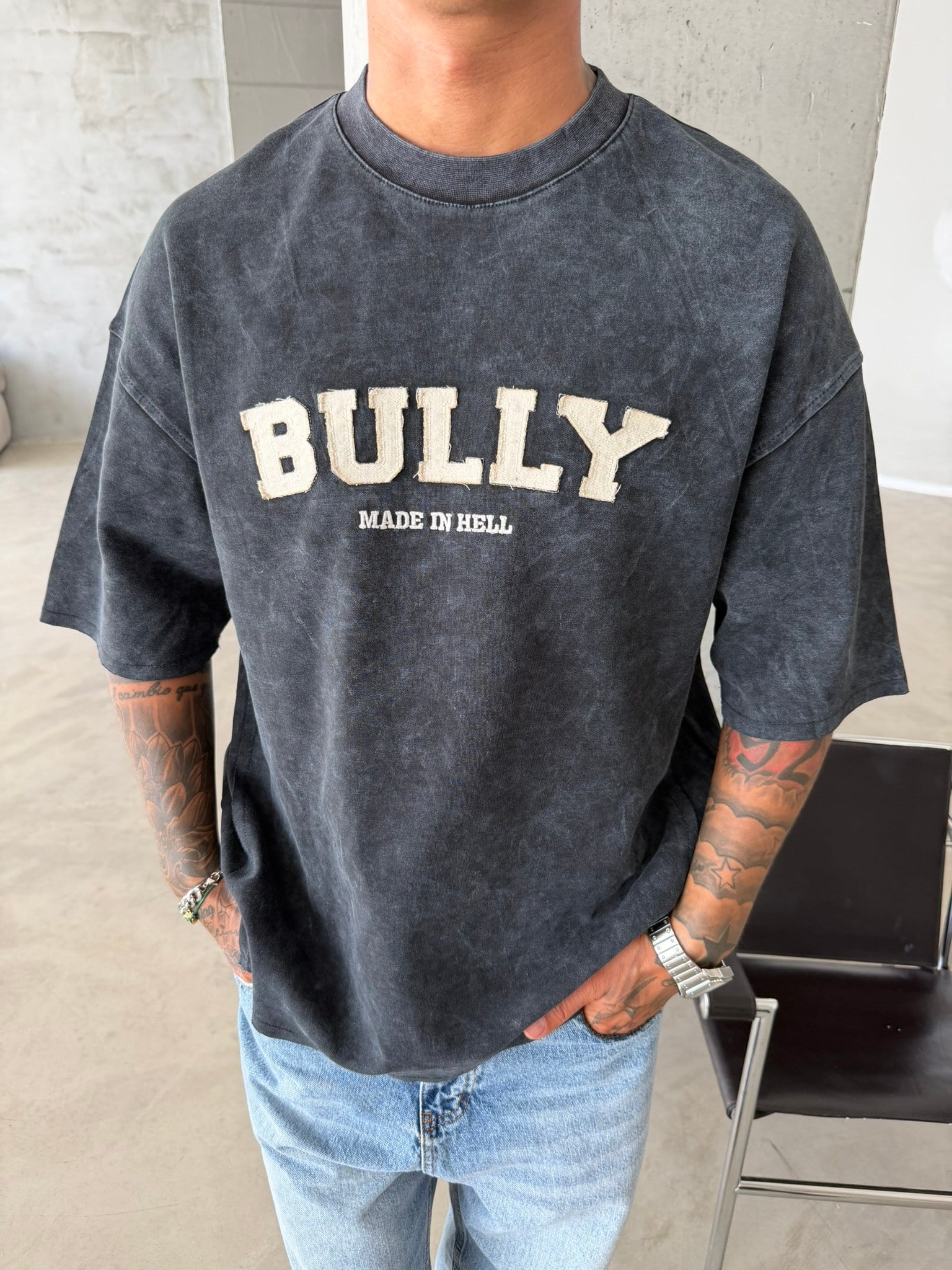 BULLY Premium Yıkamalı Nakış İşleme T-Shirt - Siyah