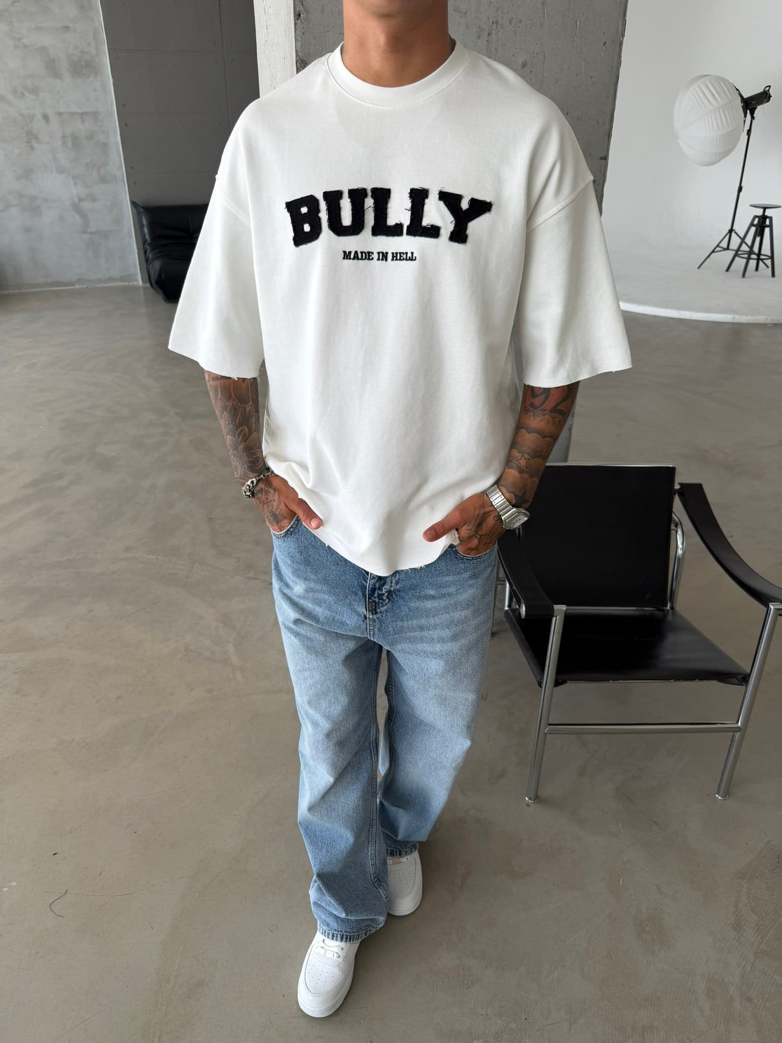 BULLY Premium Yıkamalı Nakış İşleme T-Shirt - Beyaz