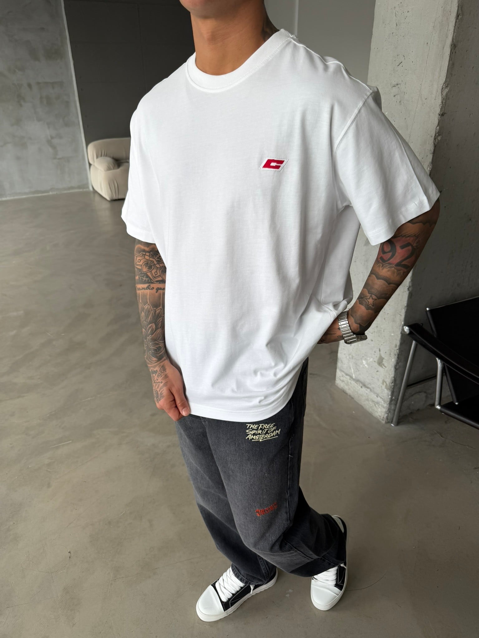 C Nakışlı Premium Basic T-Shirt - Beyaz