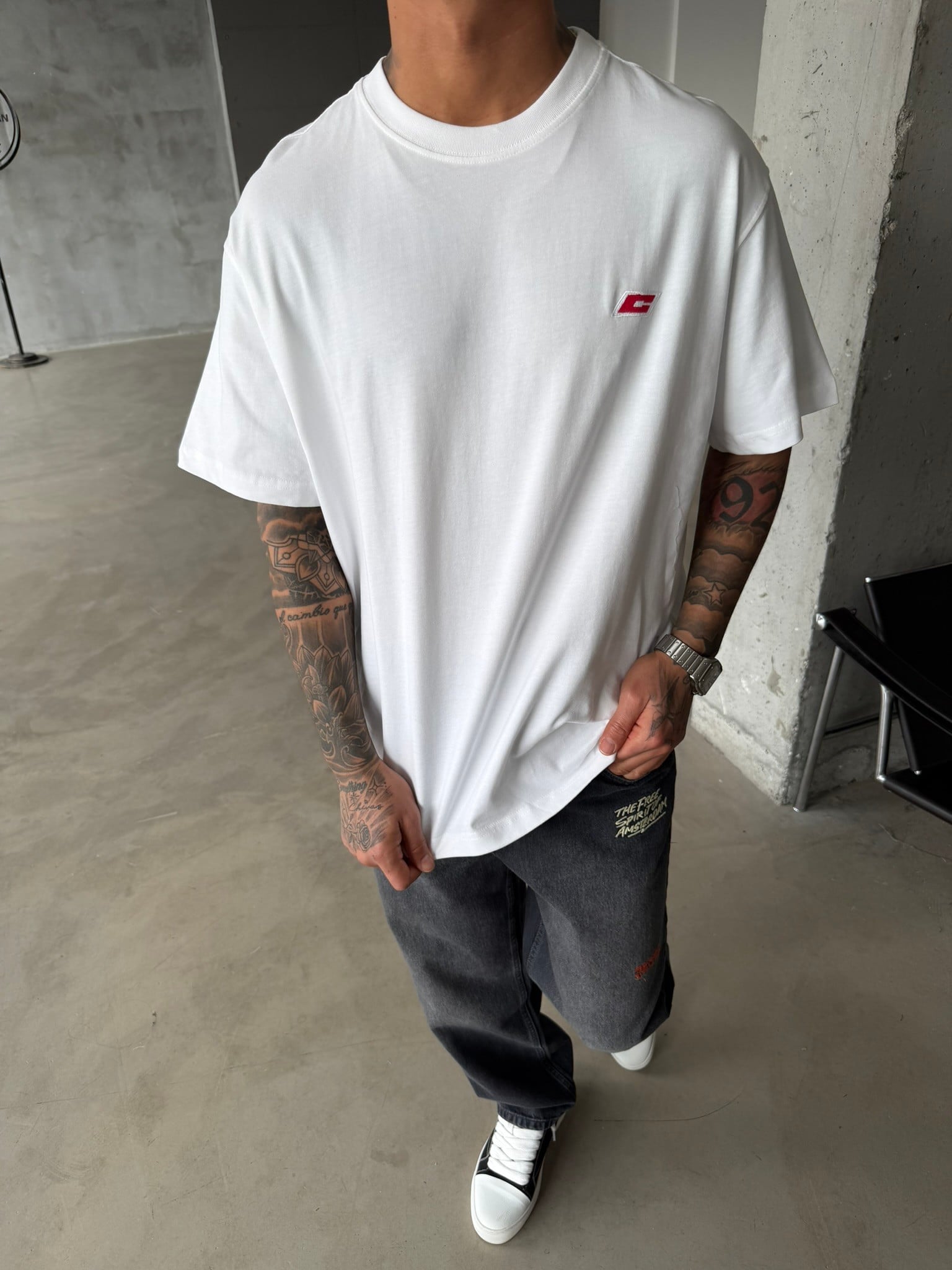 C Nakışlı Premium Basic T-Shirt - Beyaz